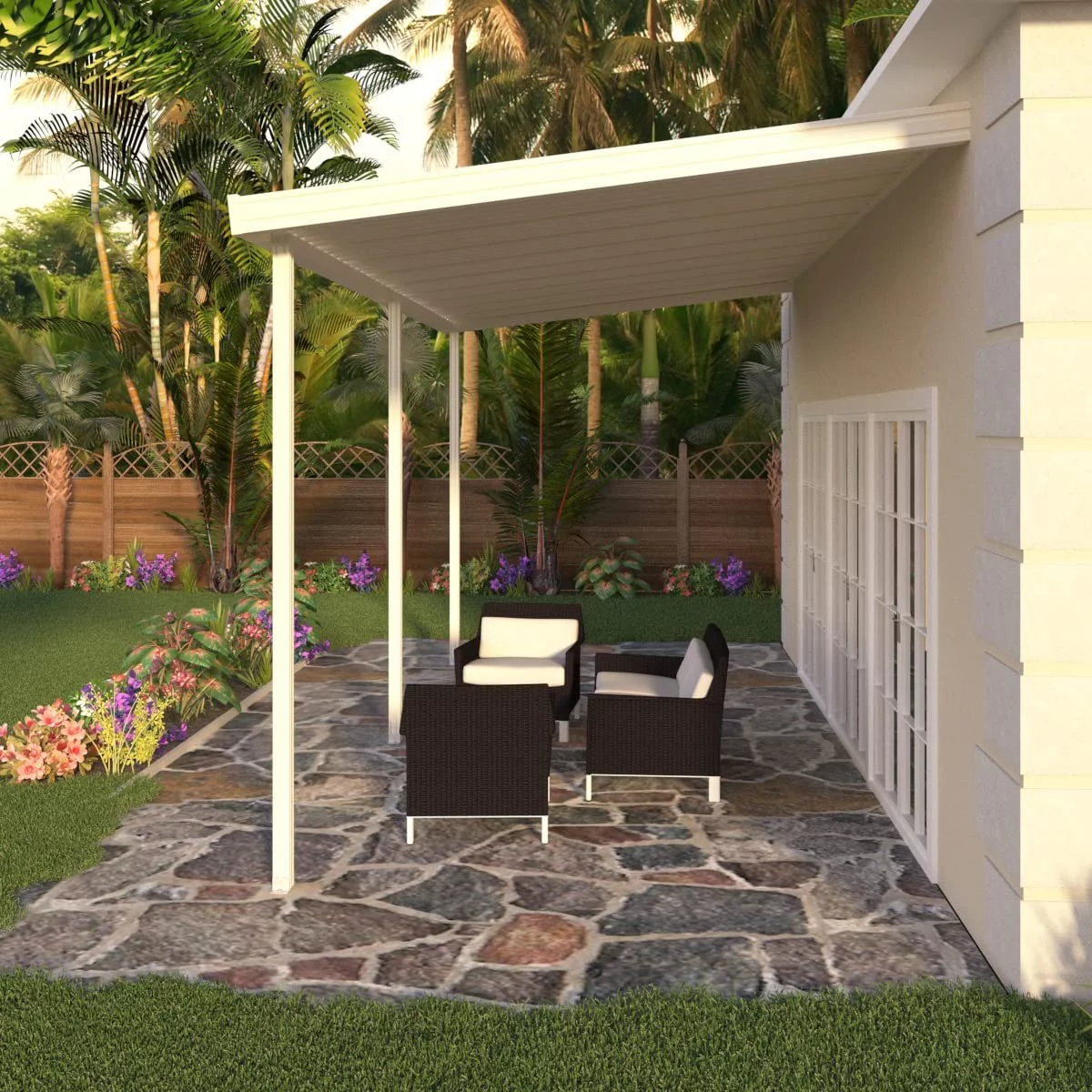 Four Seasons OLS TWV Series 18 ft wide x 14 ft deep Aluminum Patio Cover with 10lb Snowload & 3 Posts in Ivory