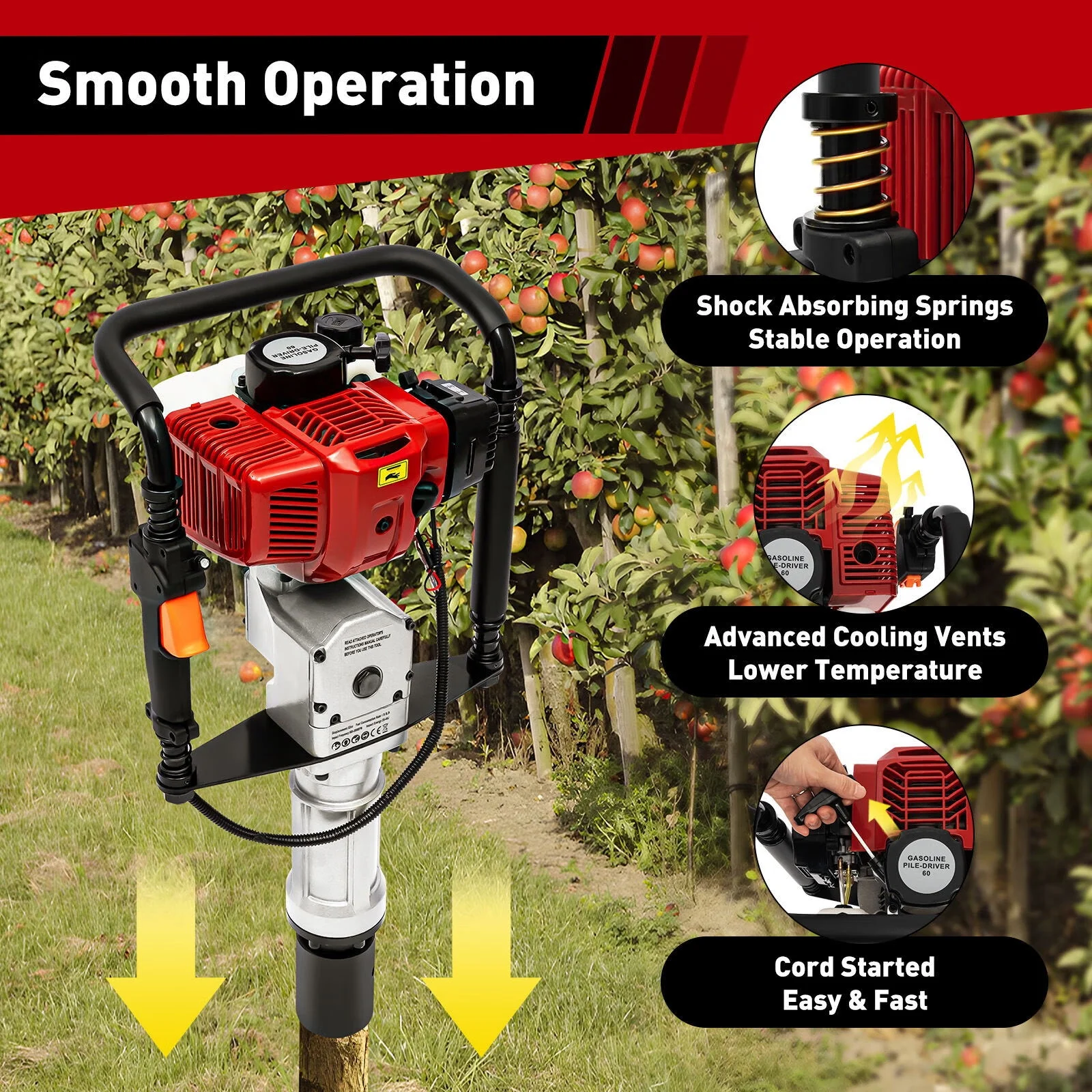 Wuzstar 52CC Gas Powered T Post Driver 2 Stroke 2.3HP Portable Gasoline Petrol Fence Post Pile Driver 1900W