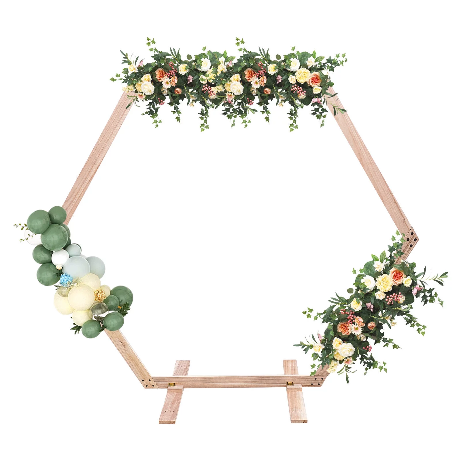 2.33m/7.6ft Hexagon Polygonal Wooden Wedding Arch Flower Frame Backdrop Stand Birthday Venue Arbor