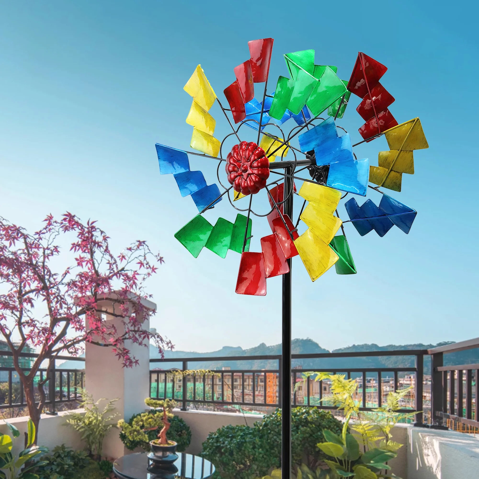 Hourpark Double-Side Metal Wind Spinner for Outdoor Garden Decor, Multi-Color, 60 inch