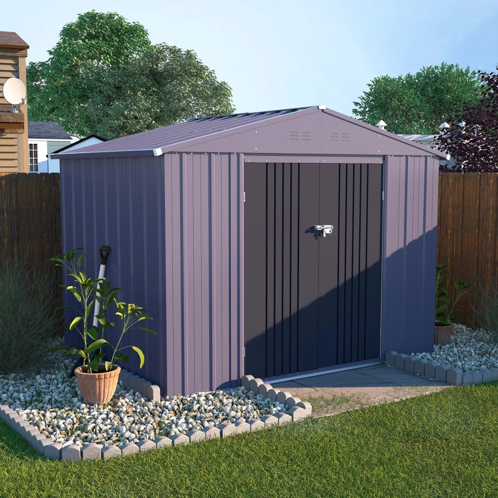 VEIKOUS Outdoor Metal Storage Shed with Lockable Door and Air Vents for Garden 10x10