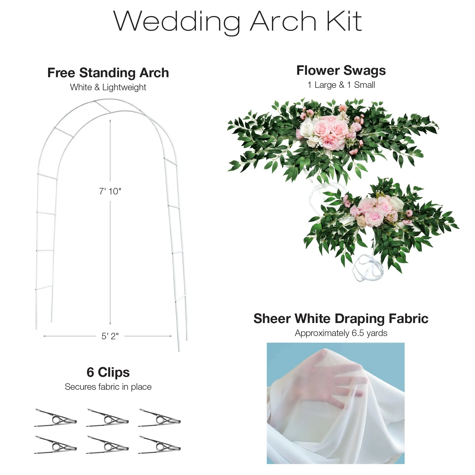 Freestanding Garden Wedding Arch - Includes Draping Cloth and 2 Artificial Bouquets