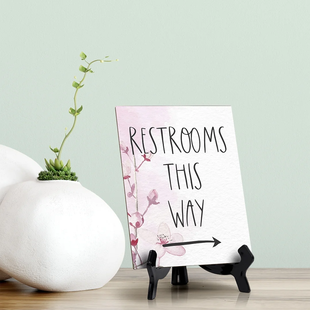 Signs ByLITA Restrooms This Way (Right Arrow) Table Sign with Easel, Floral Vine Design (6 x 8