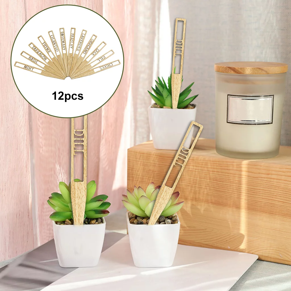 Plant Labels Wooden Tags Sticks Garden Markers Set Herbs Flowers Potted Nursery 12pcs Hollow I