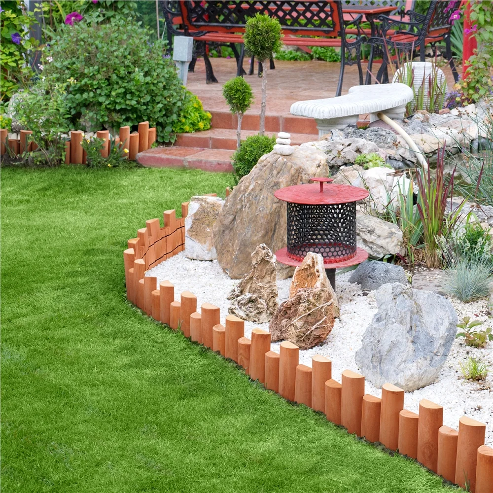 Easyfashion Outdoor Wooden Short Fences Garden Log Rolls for Decorative,Set of 2,Brown