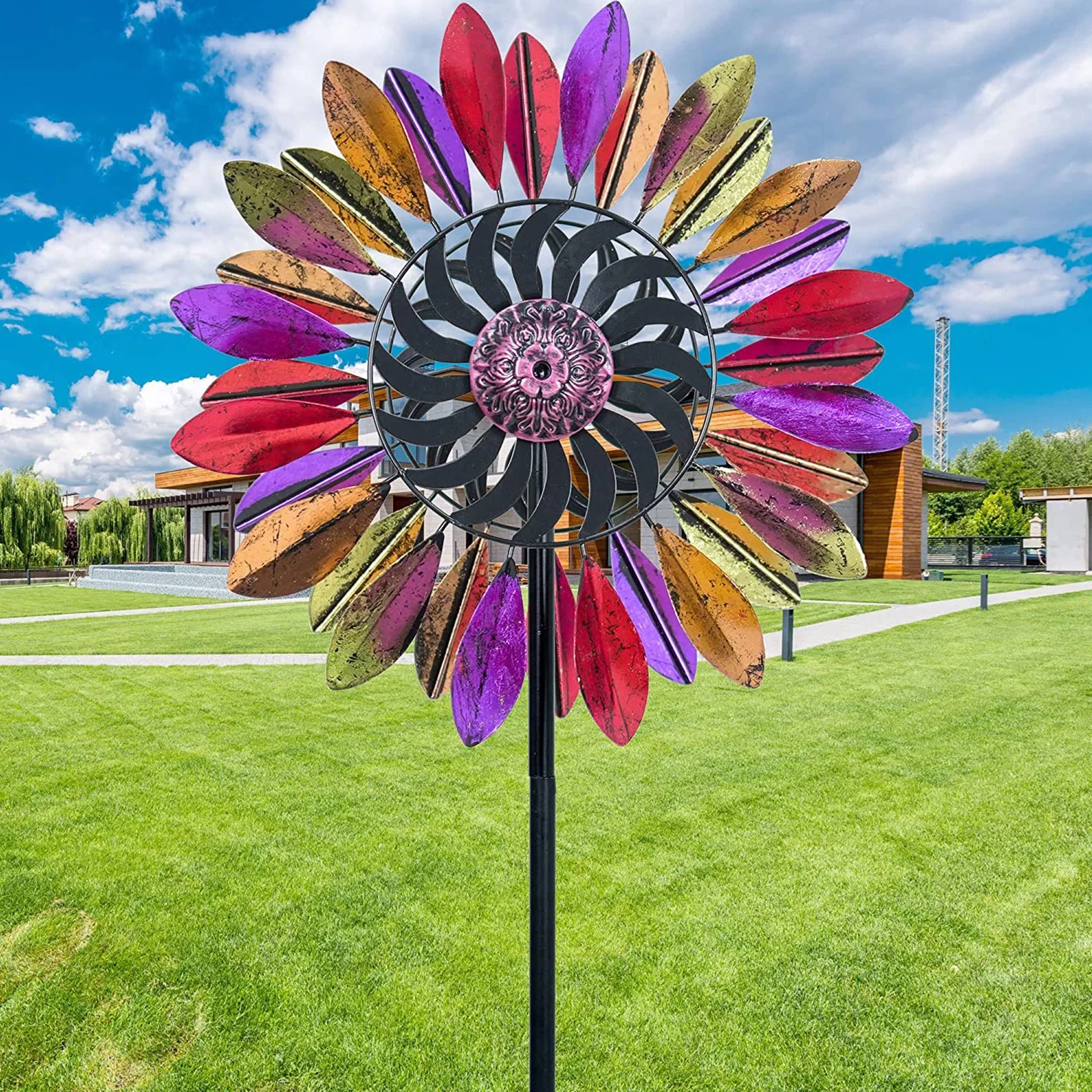 Hourpark 60 inch Kinetic Wind Spinner Dual Blades Metal Wind Mill Multi-Color