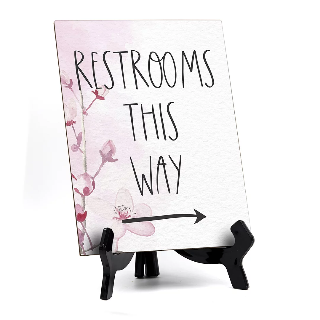 Signs ByLITA Restrooms This Way (Right Arrow) Table Sign with Easel, Floral Vine Design (6 x 8