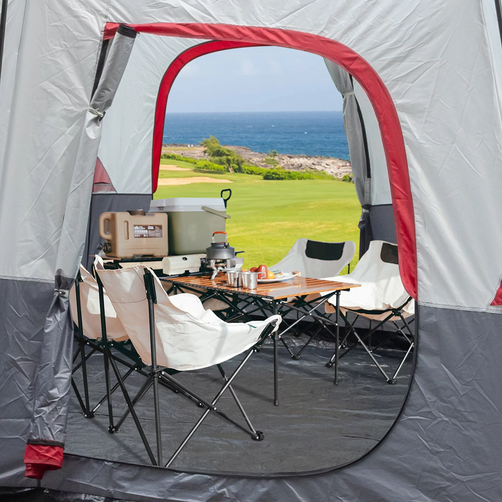 Waterproof Outdoor Tent, Polyester Cloth Fiberglass Poles Can Accommodate 14 People Camping Tent, Red And White