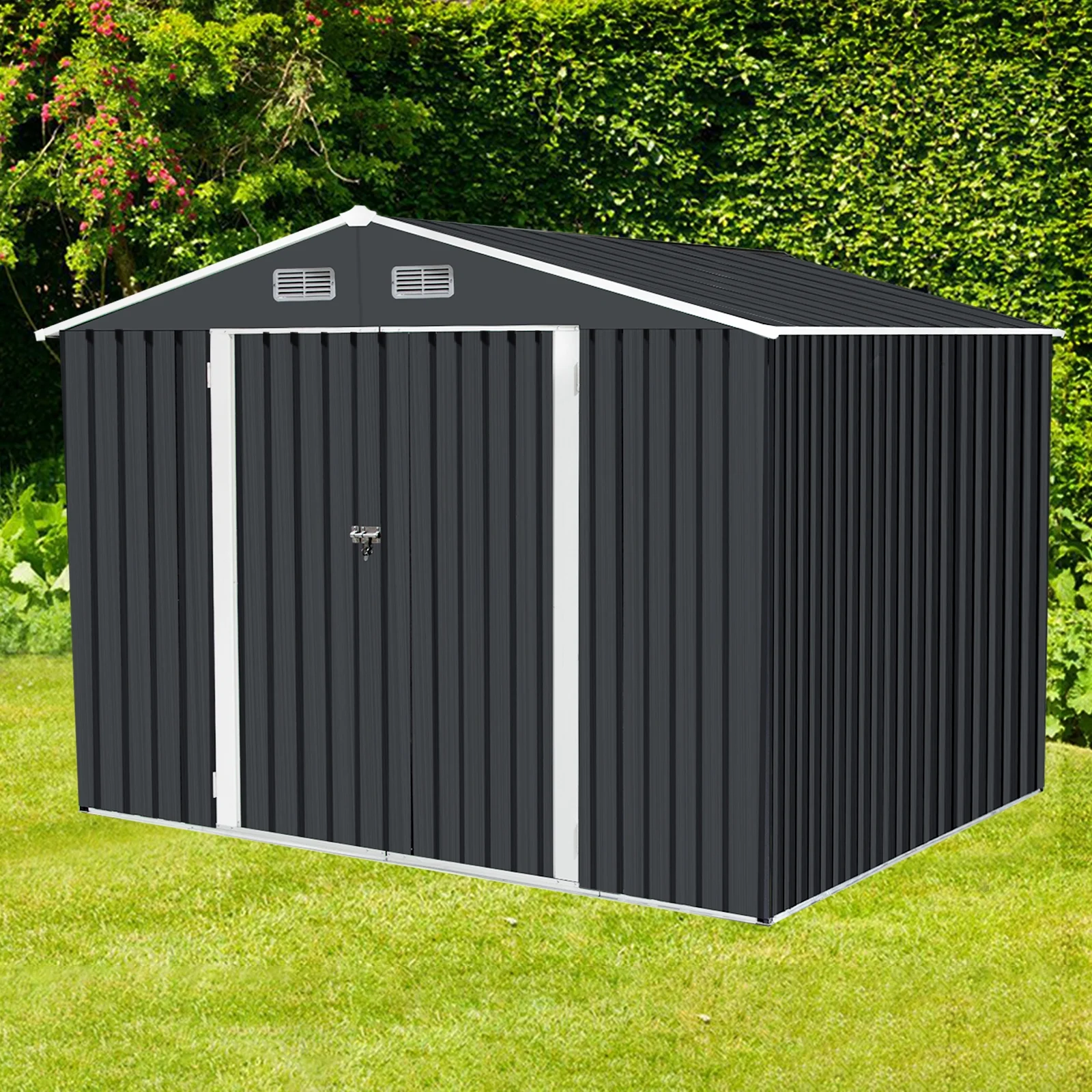 9.1'x10.5' Outdoor Storage Shed Waterproof Metal Tool House for Backyard Lawn, Gray