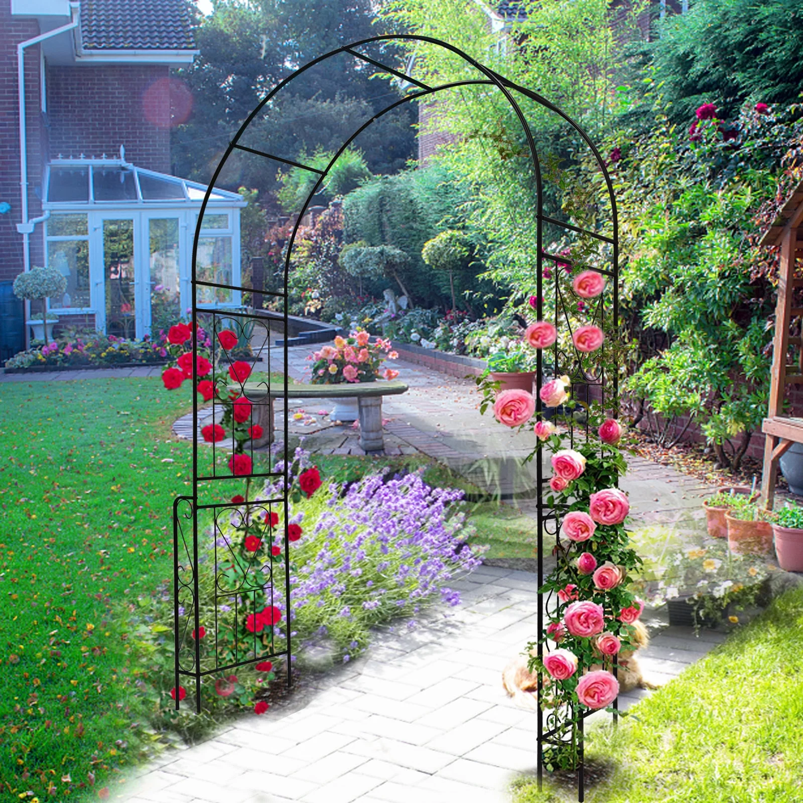 ANYHI Metal Garden Arch W55'' x H94.5'' Garden Arbor Trellis Climbing Plants Support Rose Arch Outdoor Arch Black