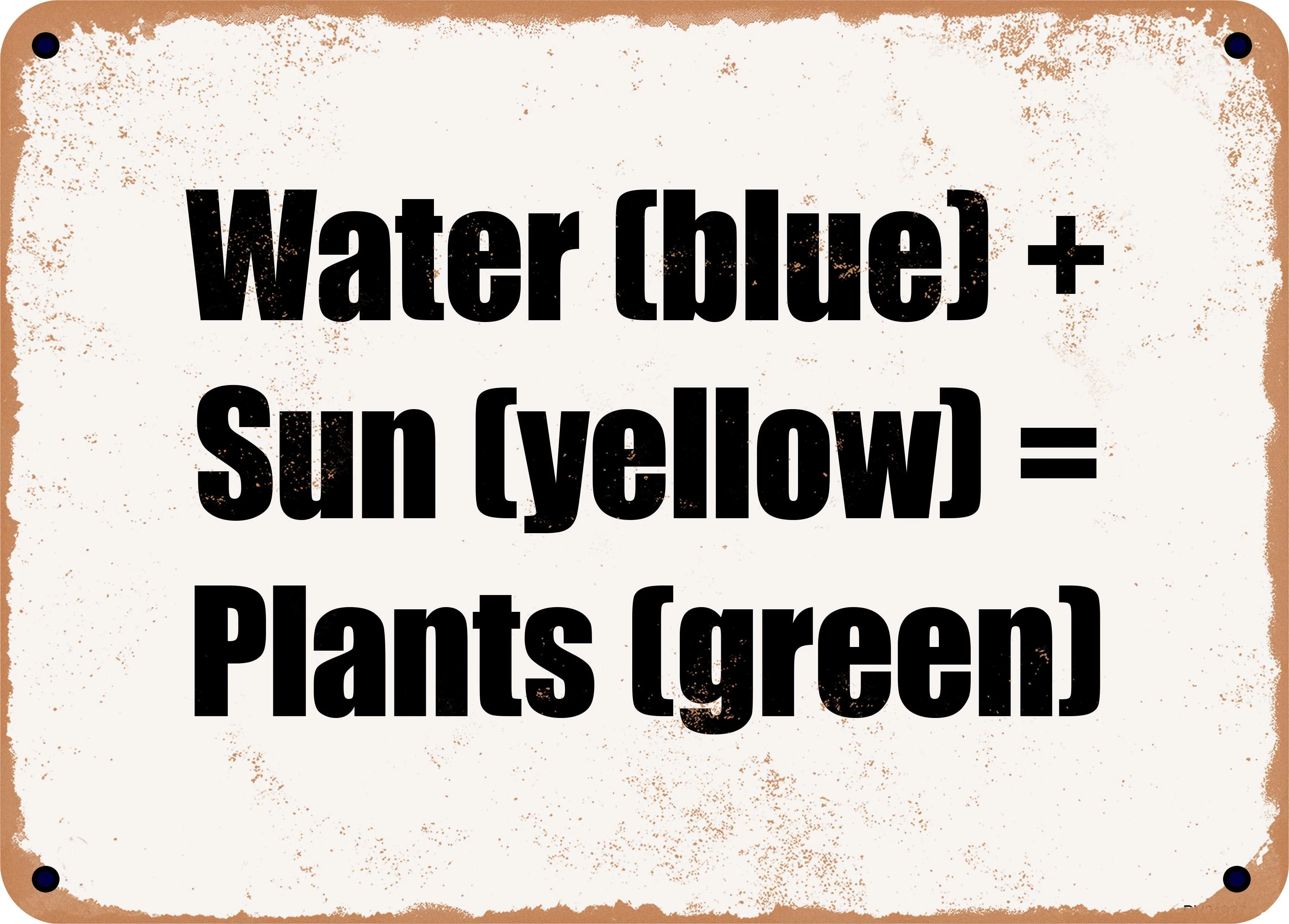 7 x 10 Metal Sign - Water (blue) + Sun (yellow) = Plants (green) - Rusty Vintage Look