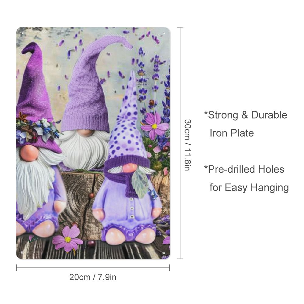 WERPE Metal Tin Signs Cute Gnomes Purple Vine Flower Butterfly, Lavender Bouquet 8*12in 8x12in