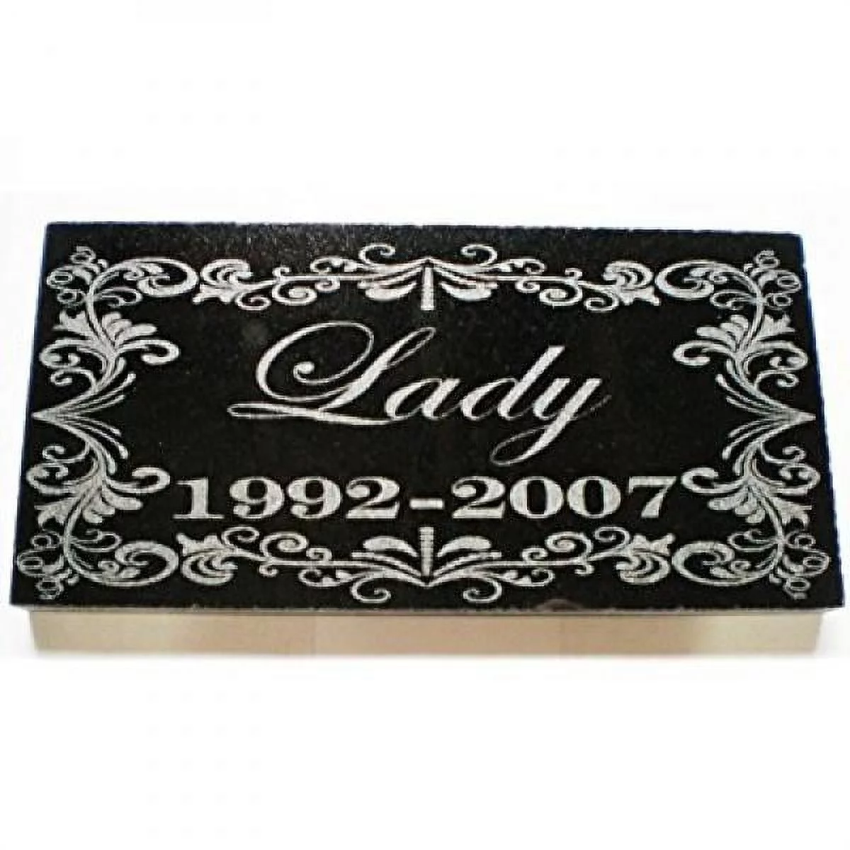 6 x 3 Name & Date Pet Memorial GRANITE Ornament Grave Marker Stone With Ornate Border 2