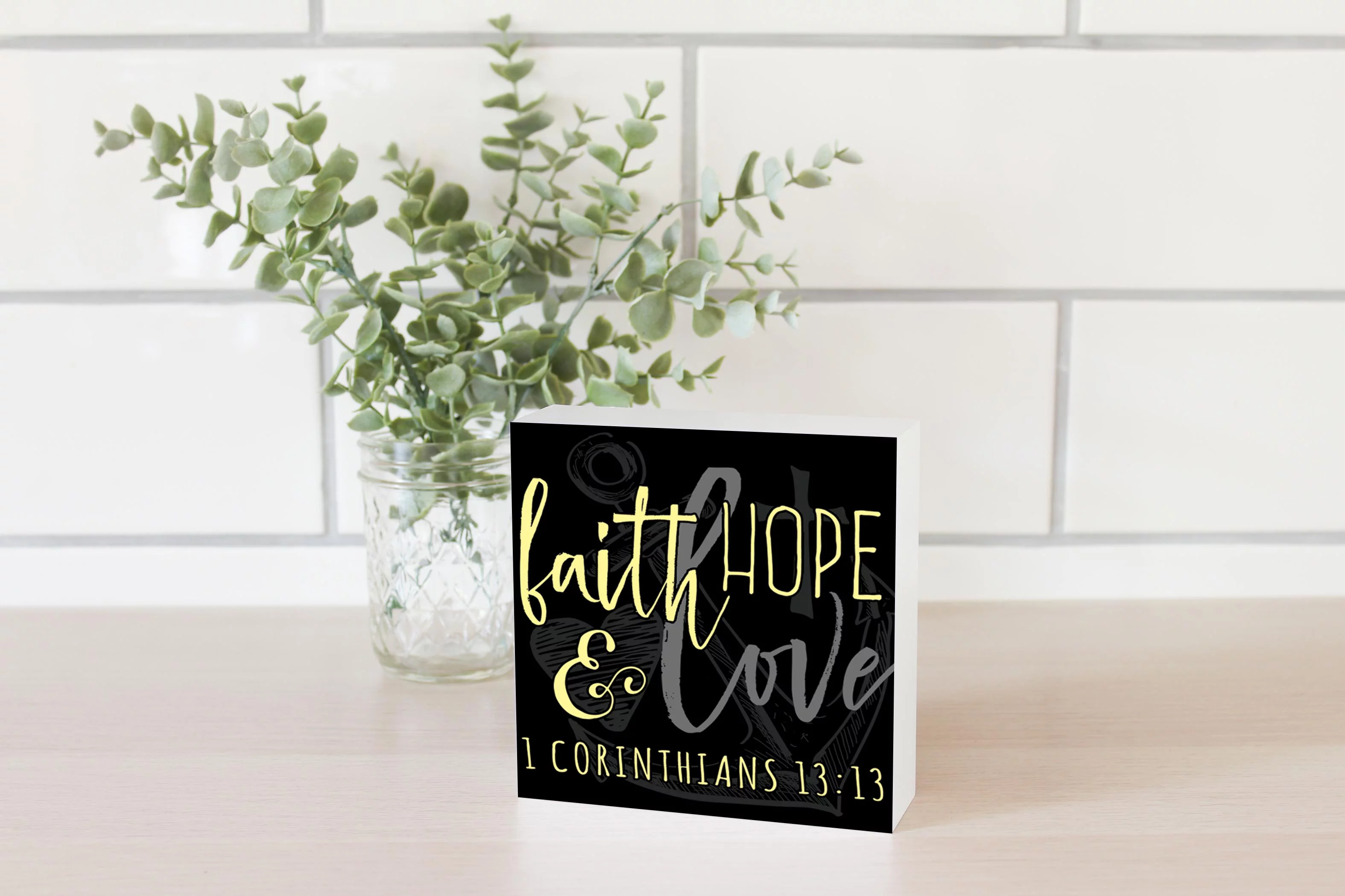 Faith Hope Love Slate Grey Anchor Heart 5 x 5 Wood Tabletop Sign Plaque