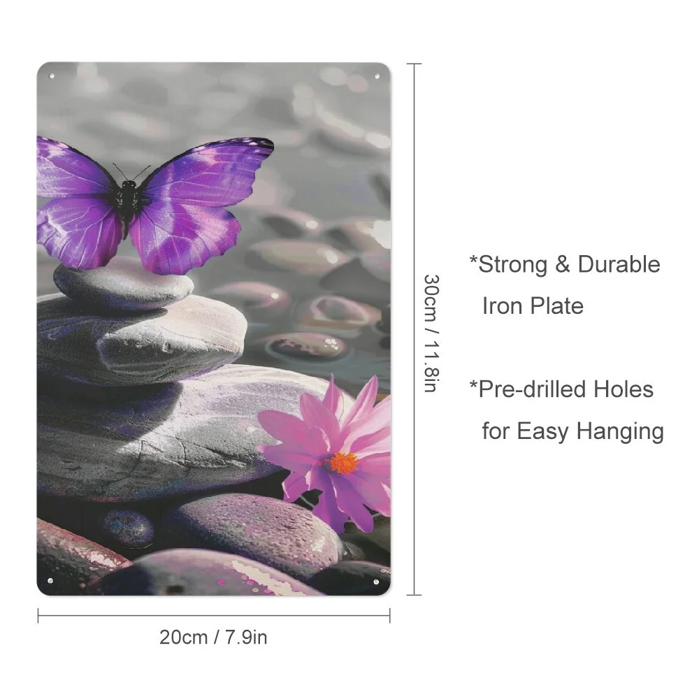 WERPE Zen Stone Sand with Purple Water Lily and Butterfly Metal Plaque 8x12in