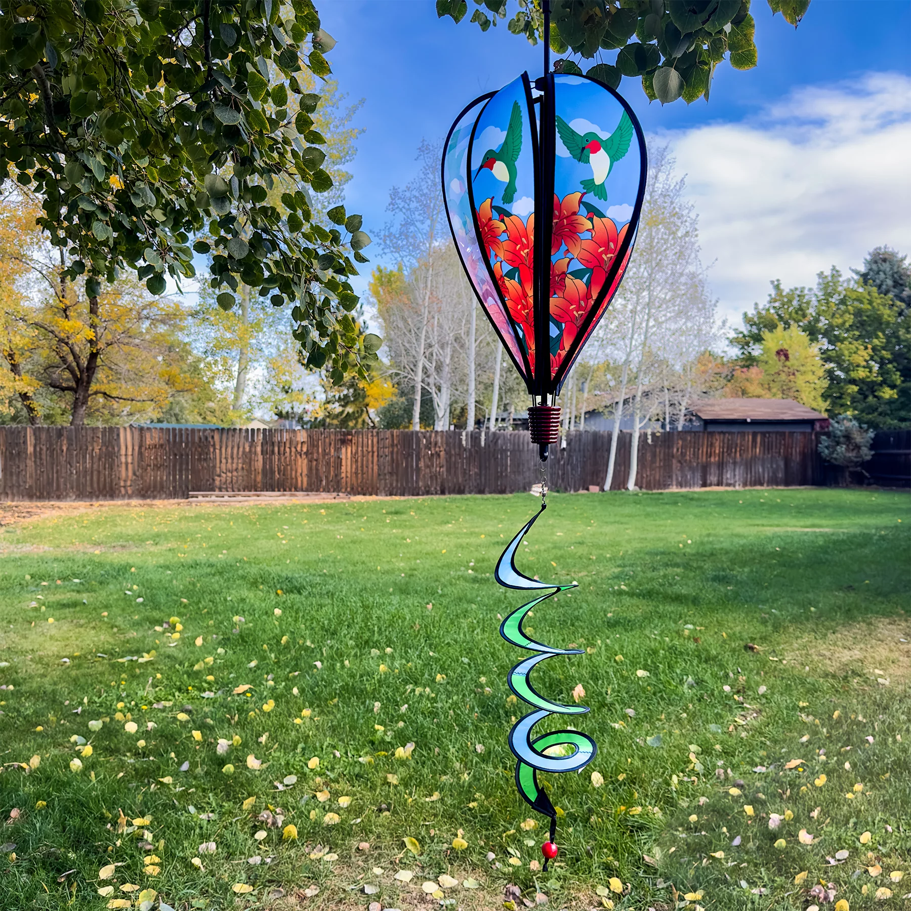 In The Breeze 1059 — Hummingbird Lily Hot Air Balloon — Colorful Outdoor Wind Spinner for Your Yard or Garden