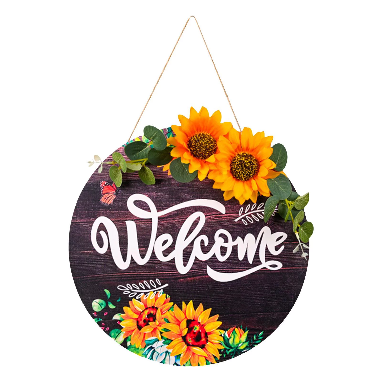 Rustic lcome en Plaque Signs Front Porch Door Artificial Flor Round for Farmhouse Housewarming Cafe