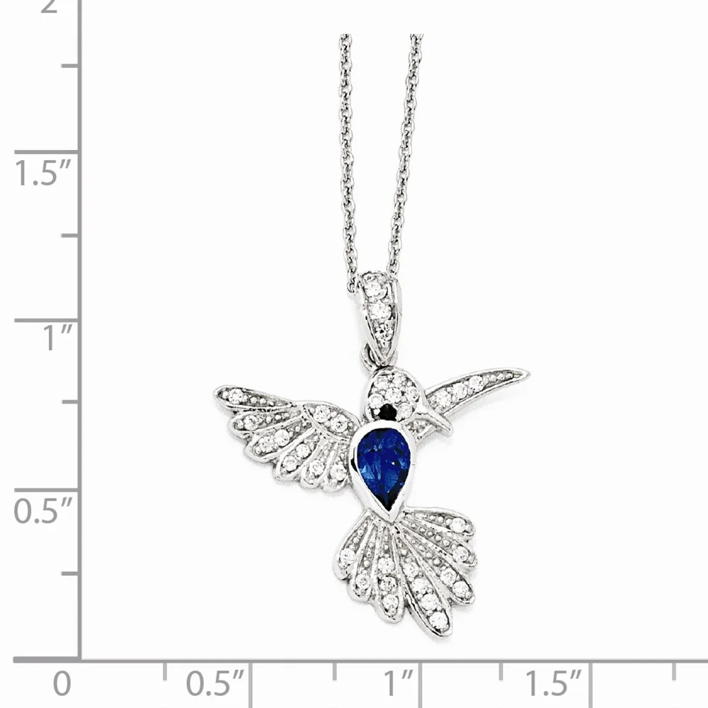 925 Sterling Silver Fancy Lobster Closure Cubic Zirconia and Simulated Sapphire Humming Bird Necklace 18 Inch Jewelry fo