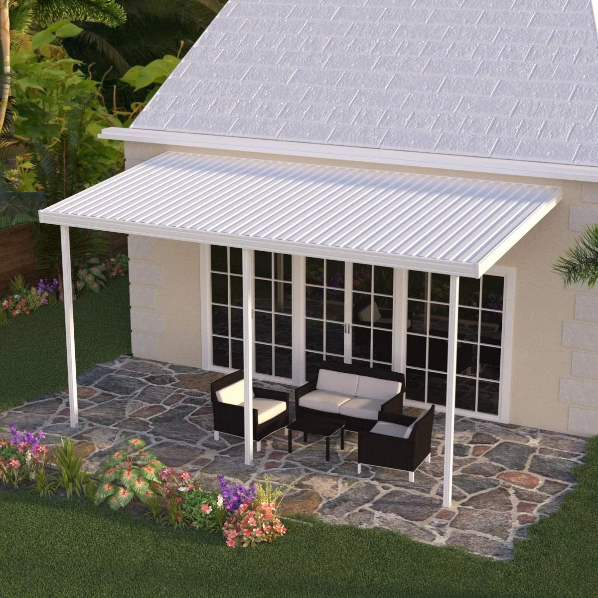 Four Seasons OLS TWV Series 16 ft wide x 9 ft deep Aluminum Patio Cover with 10lb Snowload & 3 Posts in White