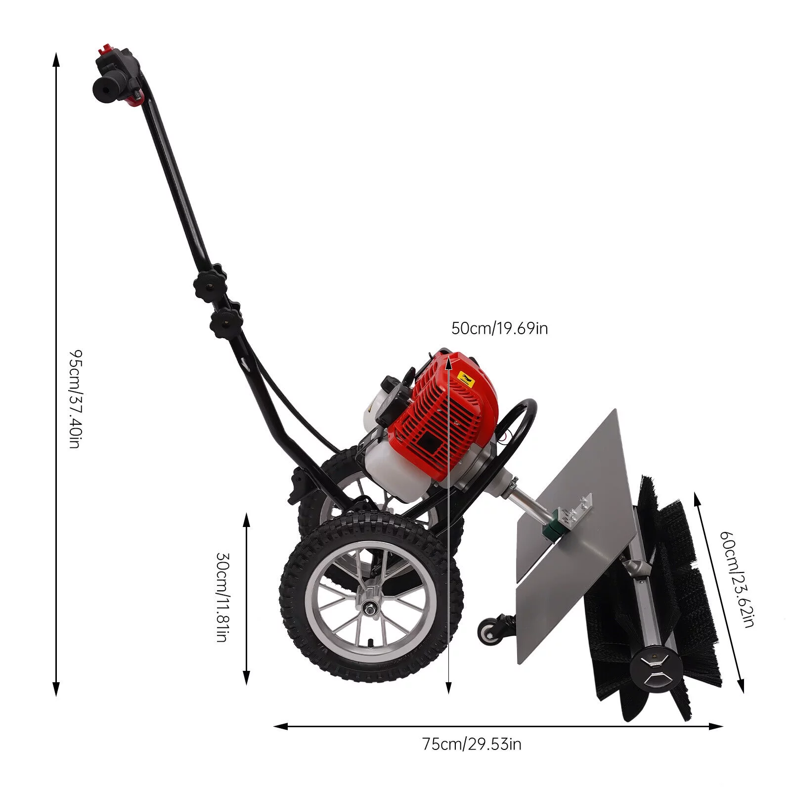 Miumaeov 43CC 1.7HP Gas Powered Push Lawn Sweeper 2-Stroke Gasoline Engine Walk Behind Snow Sweeper for Garden Cleanning 8500rpm 1.25 KW