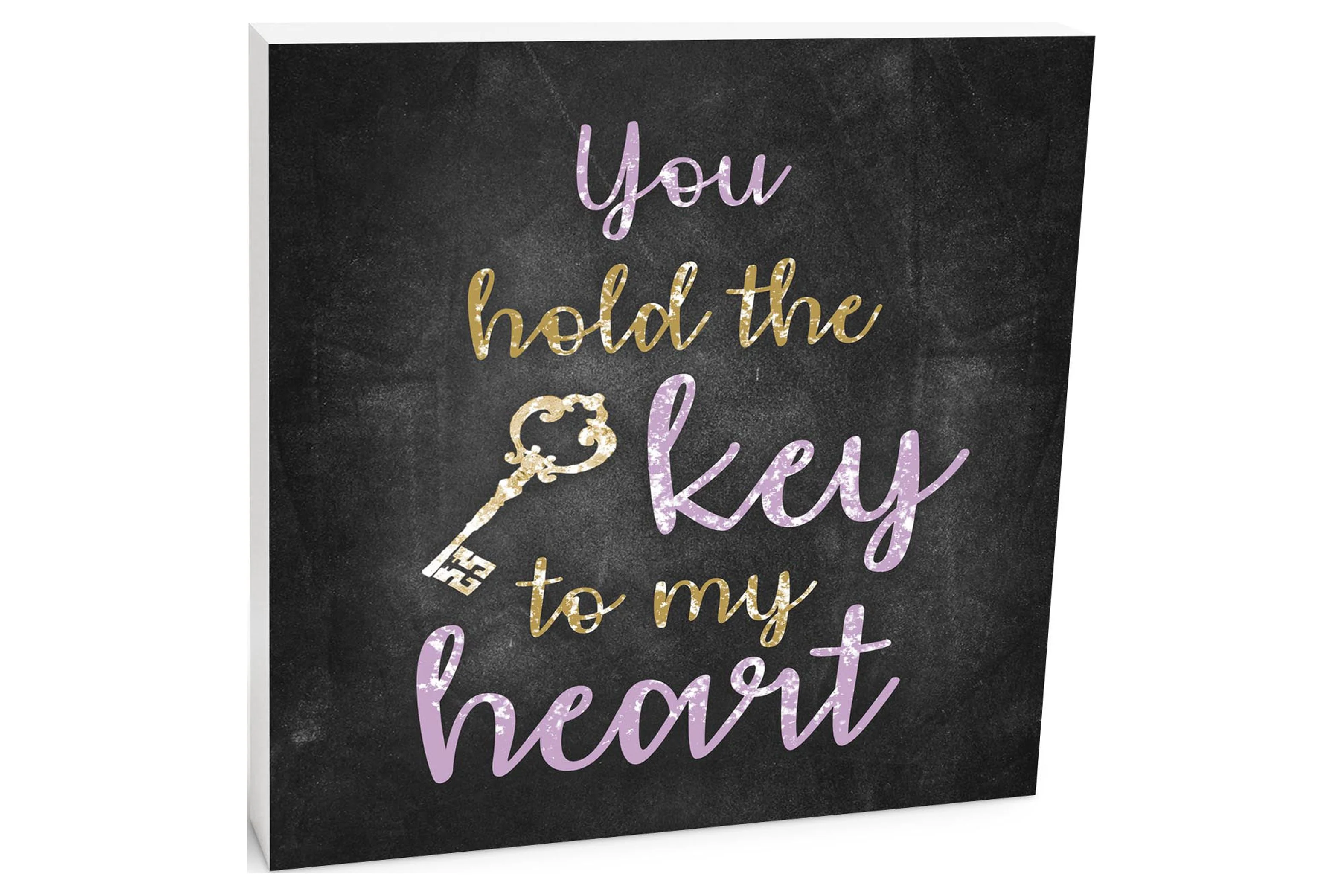 Key To My Heart Slate Grey Golden Key 10 x 10 Wood Tabletop Sign Plaque