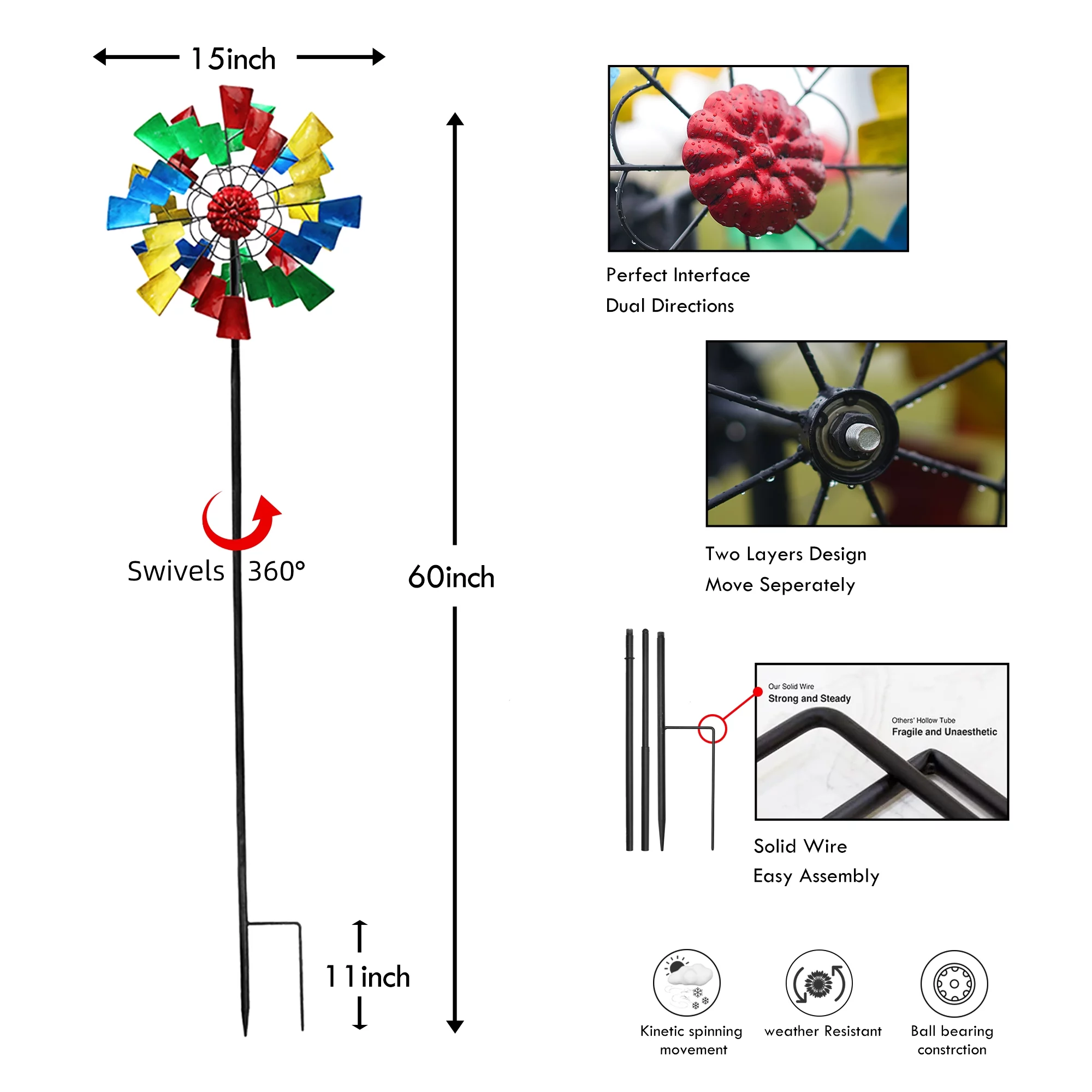 Hourpark Double-Side Metal Wind Spinner for Outdoor Garden Decor, Multi-Color, 60 inch