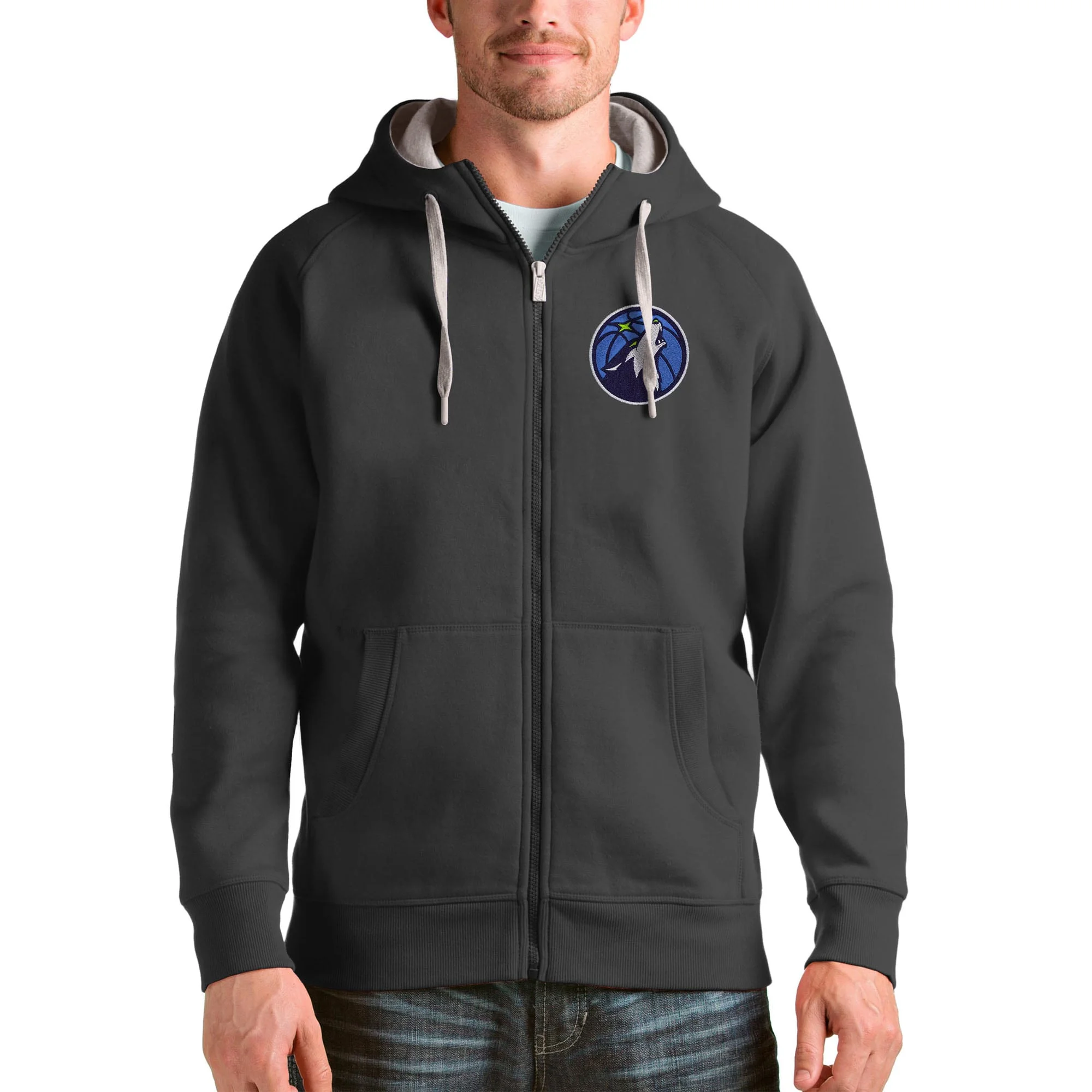 Men's Antigua Charcoal Minnesota Timberwolves Logo Victory Full-Zip Hoodie