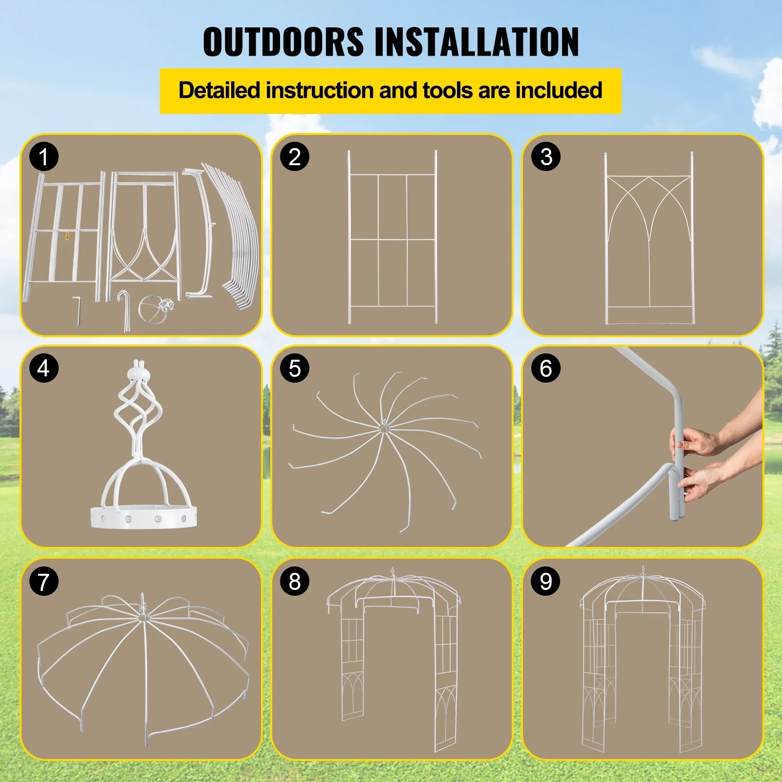 VEVOR Birdcage Shape Garden Arch Heavy Duty Wrought Iron Arbor Wedding Arch 9' - White