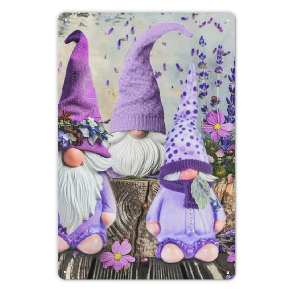 WERPE Metal Tin Signs Cute Gnomes Purple Vine Flower Butterfly, Lavender Bouquet 8*12in 8x12in