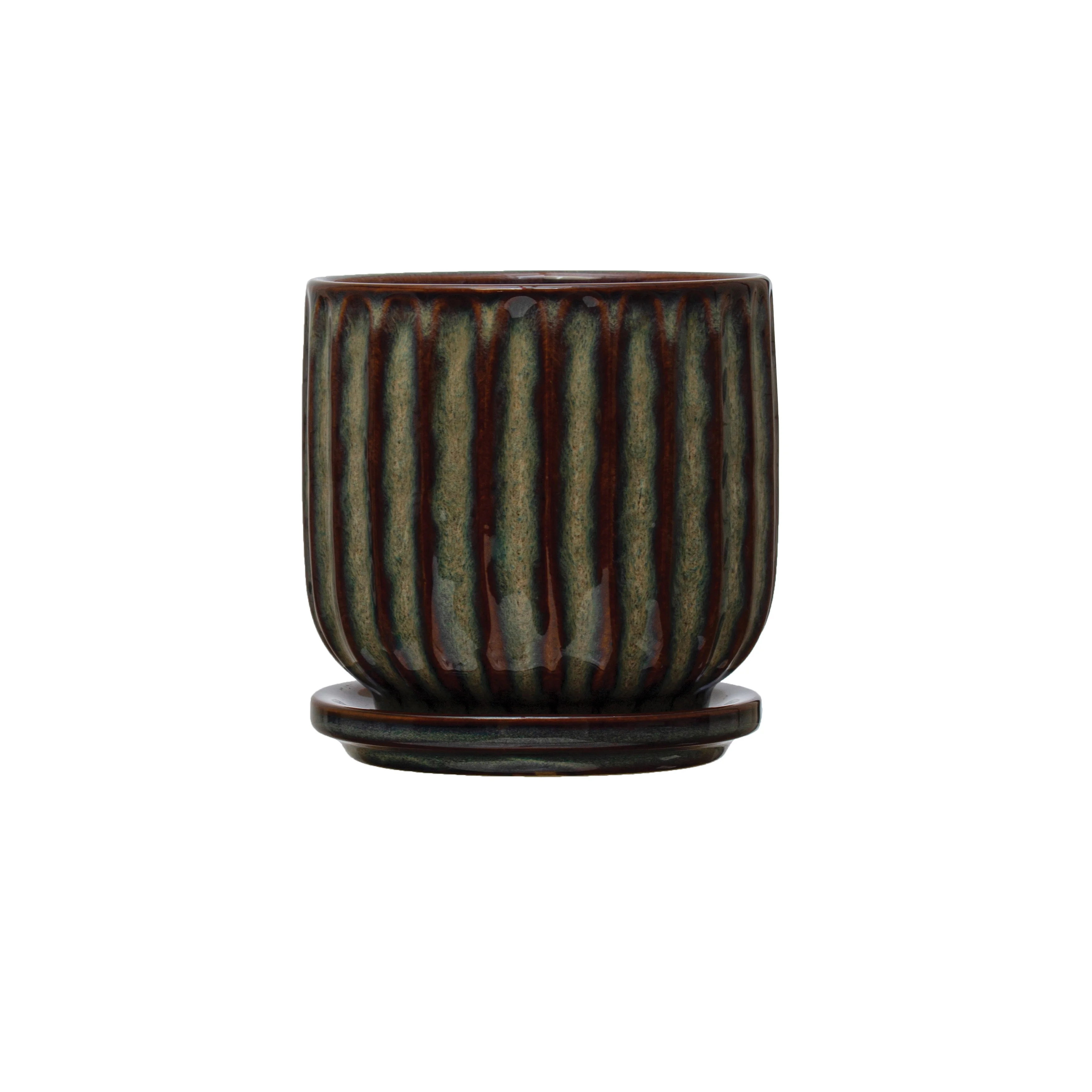 Bloomingville Fluted Stoneware Planter with Stripes and Saucer, Multi-color