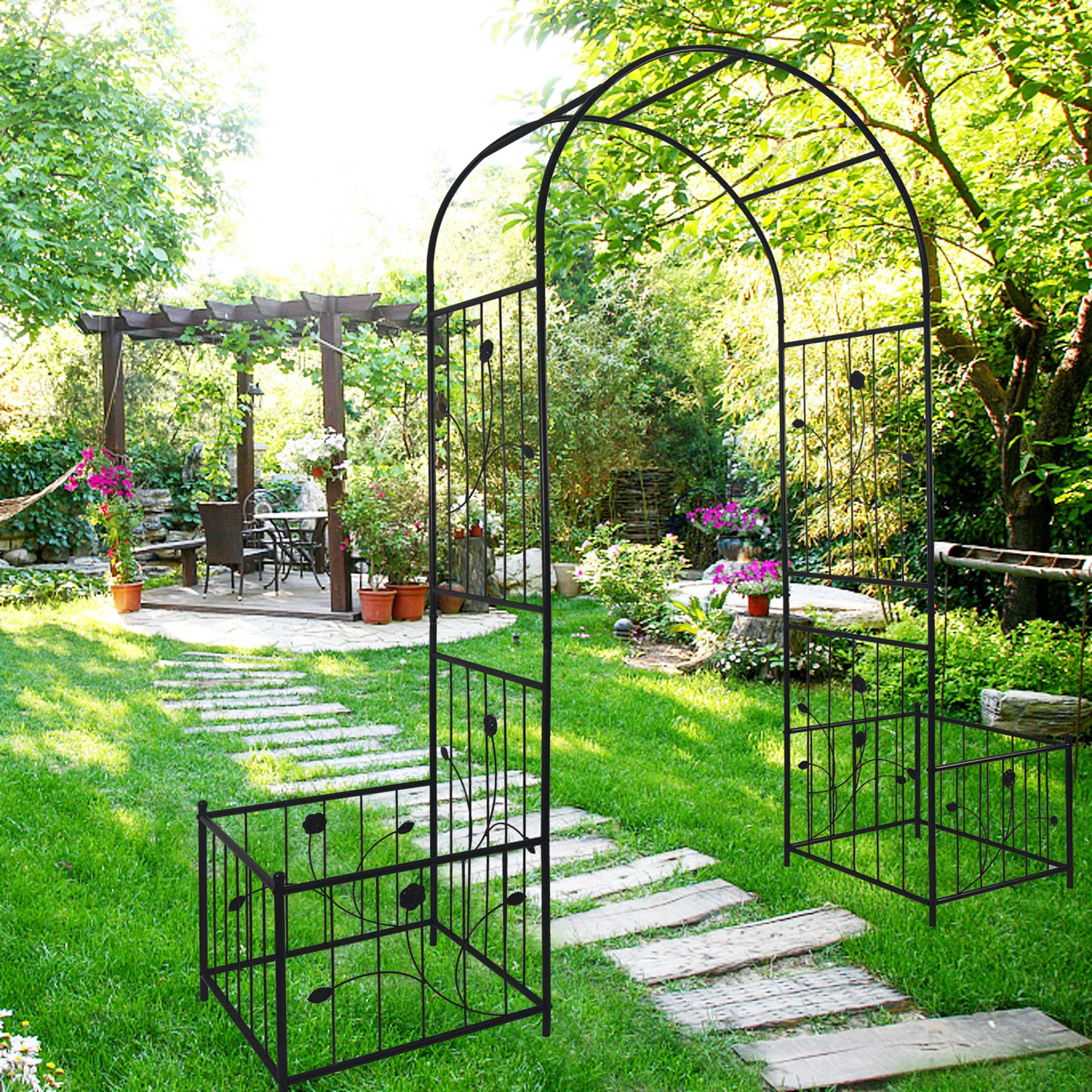 Dcenta Metal Garden Arch with two plant stands 6.63ft Wide x 7.2ft High Climbing Plants Support Rose Arch Black