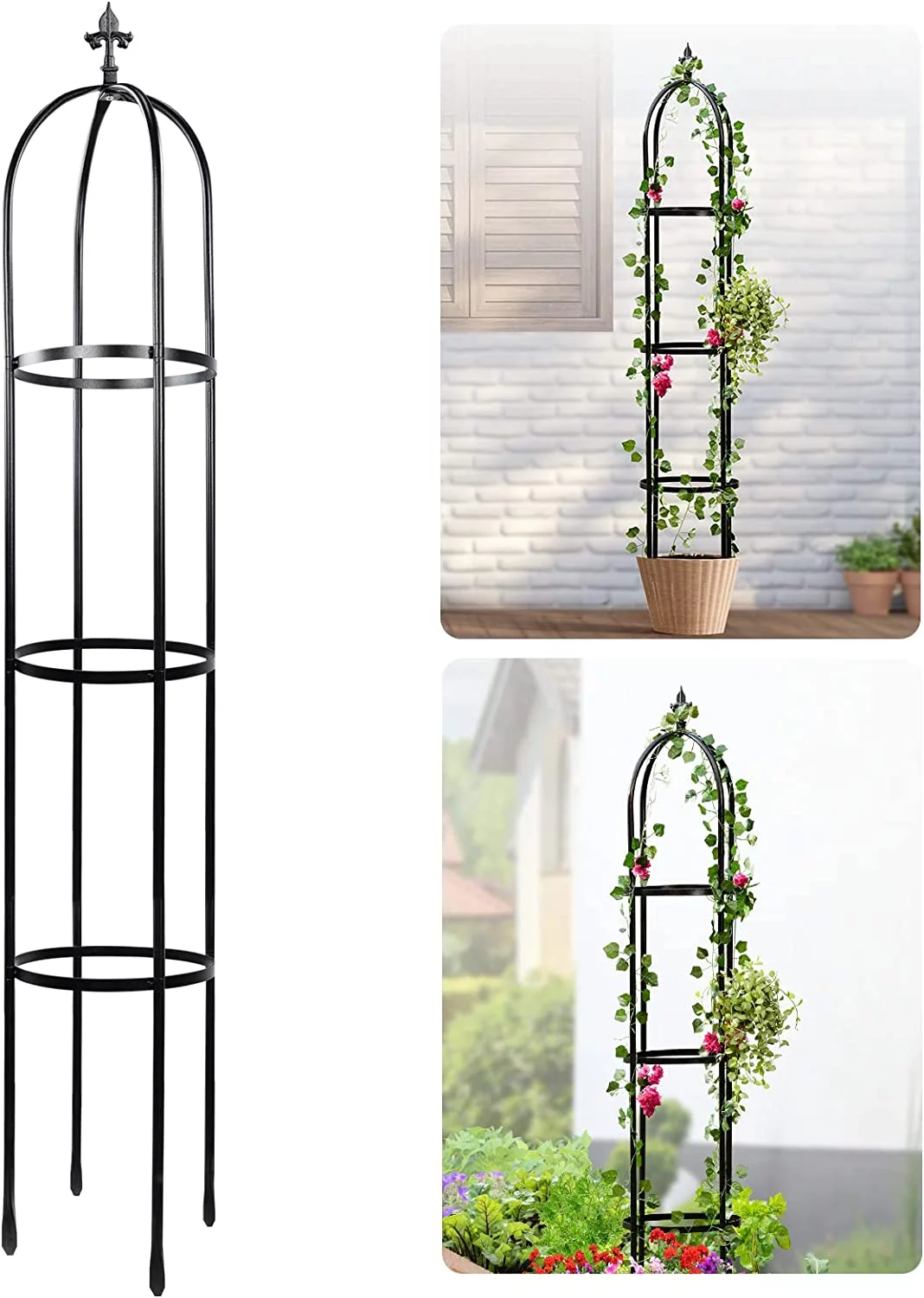 Idzo Steel Obelisk Trellis 72 in. Climbing Plants Outdoor - Rustproof Hammer Stone Coated - Black