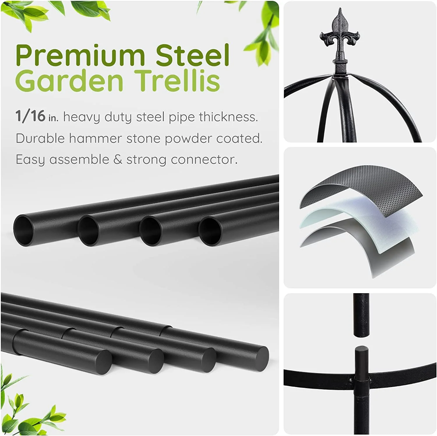 Idzo Steel Obelisk Trellis 72 in. Climbing Plants Outdoor - Rustproof Hammer Stone Coated - Black