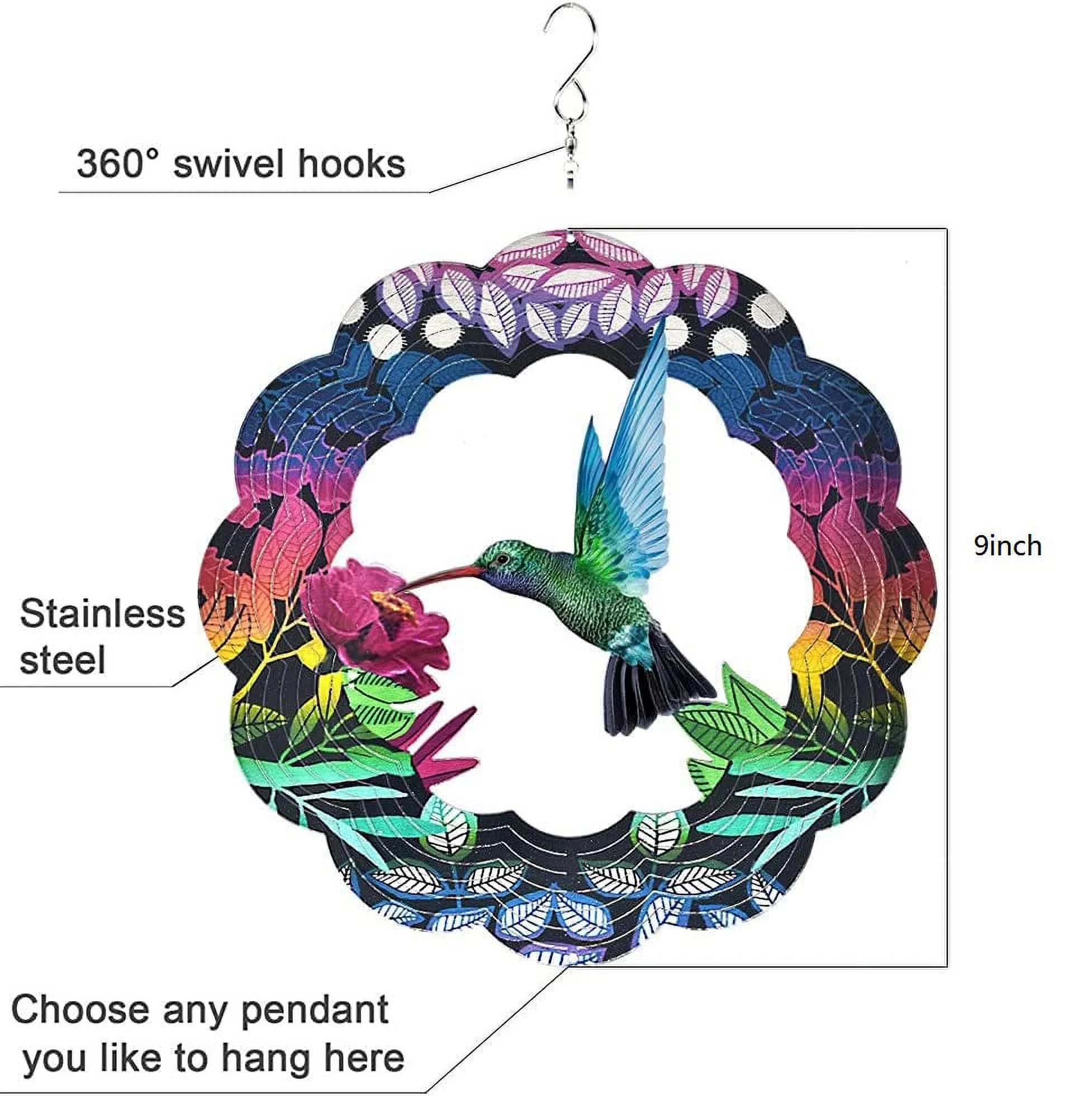 Stainless Steel Wind Spinner- 3D Indoor Outdoor Garden Decoration Crafts Ornaments (Hummingbird)