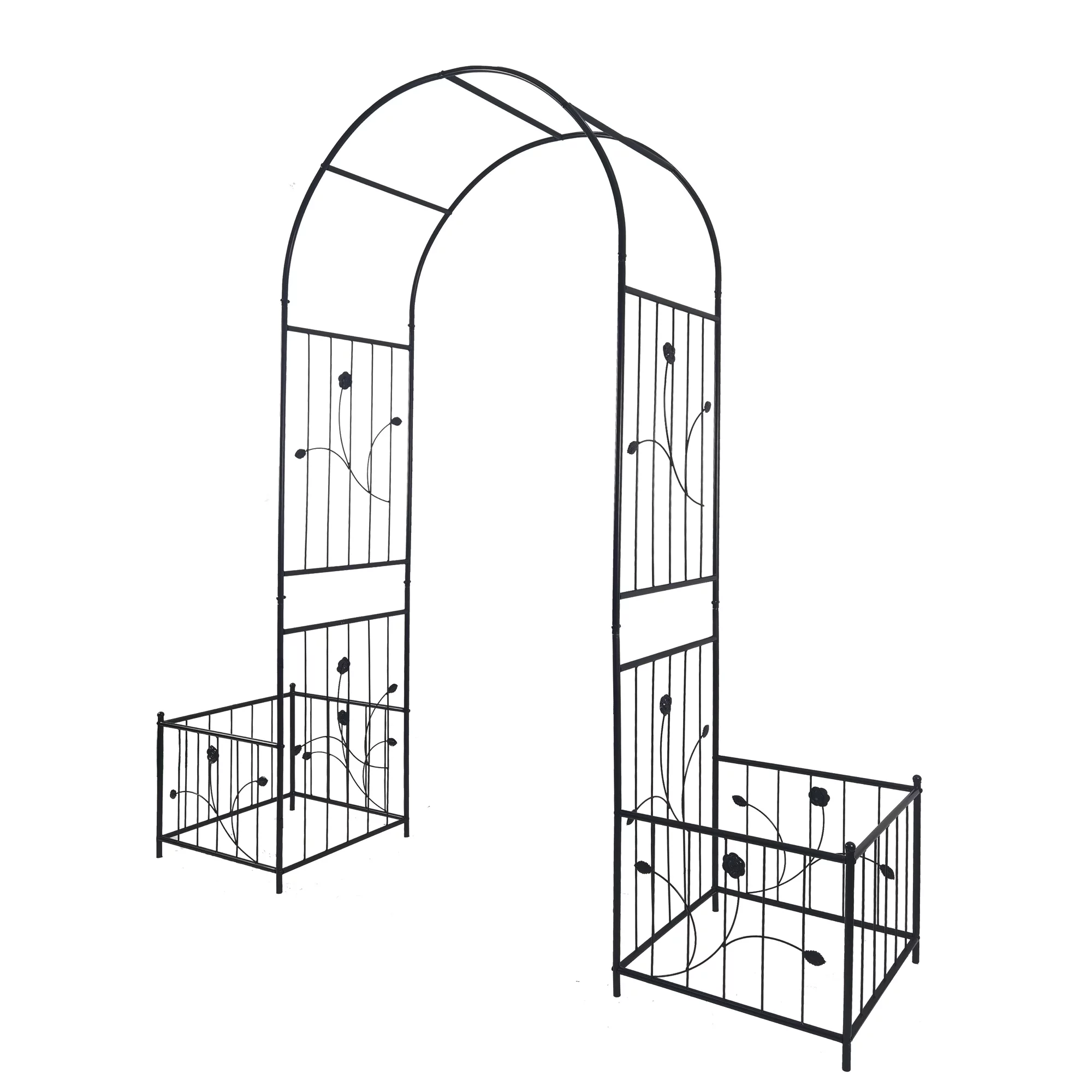 Dcenta Metal Garden Arch with two plant stands 6.63ft Wide x 7.2ft High Climbing Plants Support Rose Arch Black