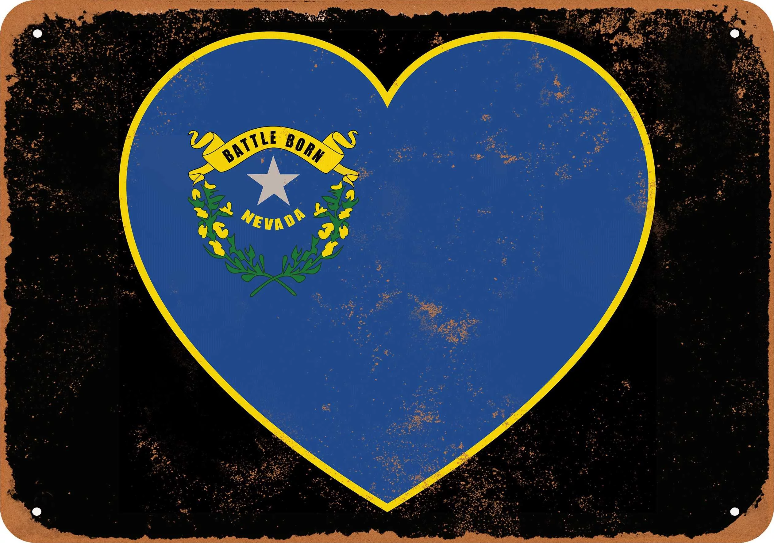 7 x 10 METAL SIGN - Nevada Heart Flag (Dark Background) - Vintage Rusty Look