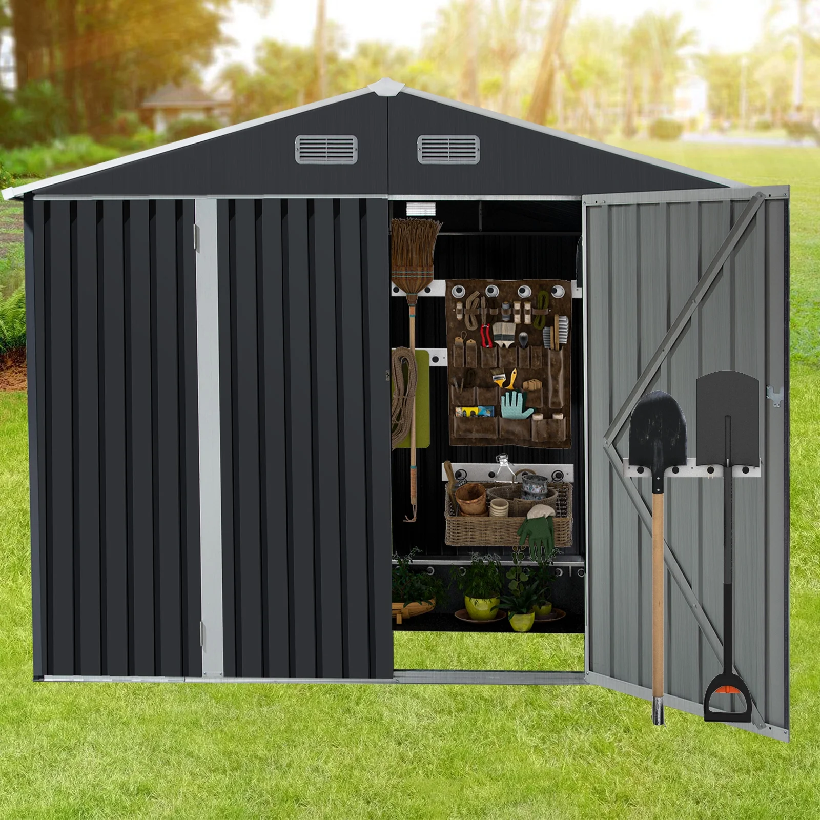 9.1'x10.5' Outdoor Storage Shed Waterproof Metal Tool House for Backyard Lawn, Gray