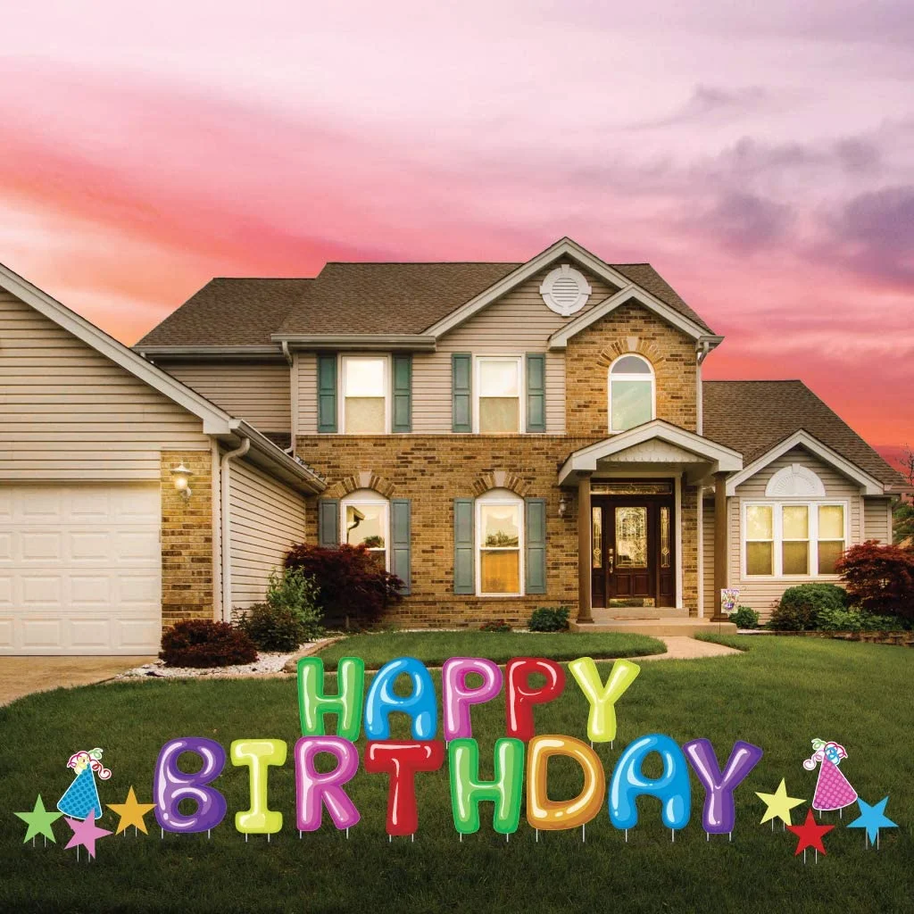 Happy Birthday Balloon Letters Yard Signs, 18 Inch Letter Decorations, Set of 21 with Stakes, Made in USA