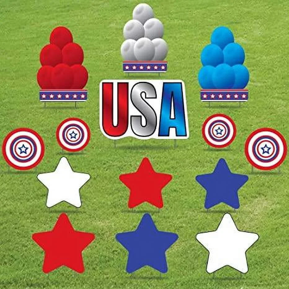 USA Yard Sign With Balloons, Stars and Shields 4th of July Decorations