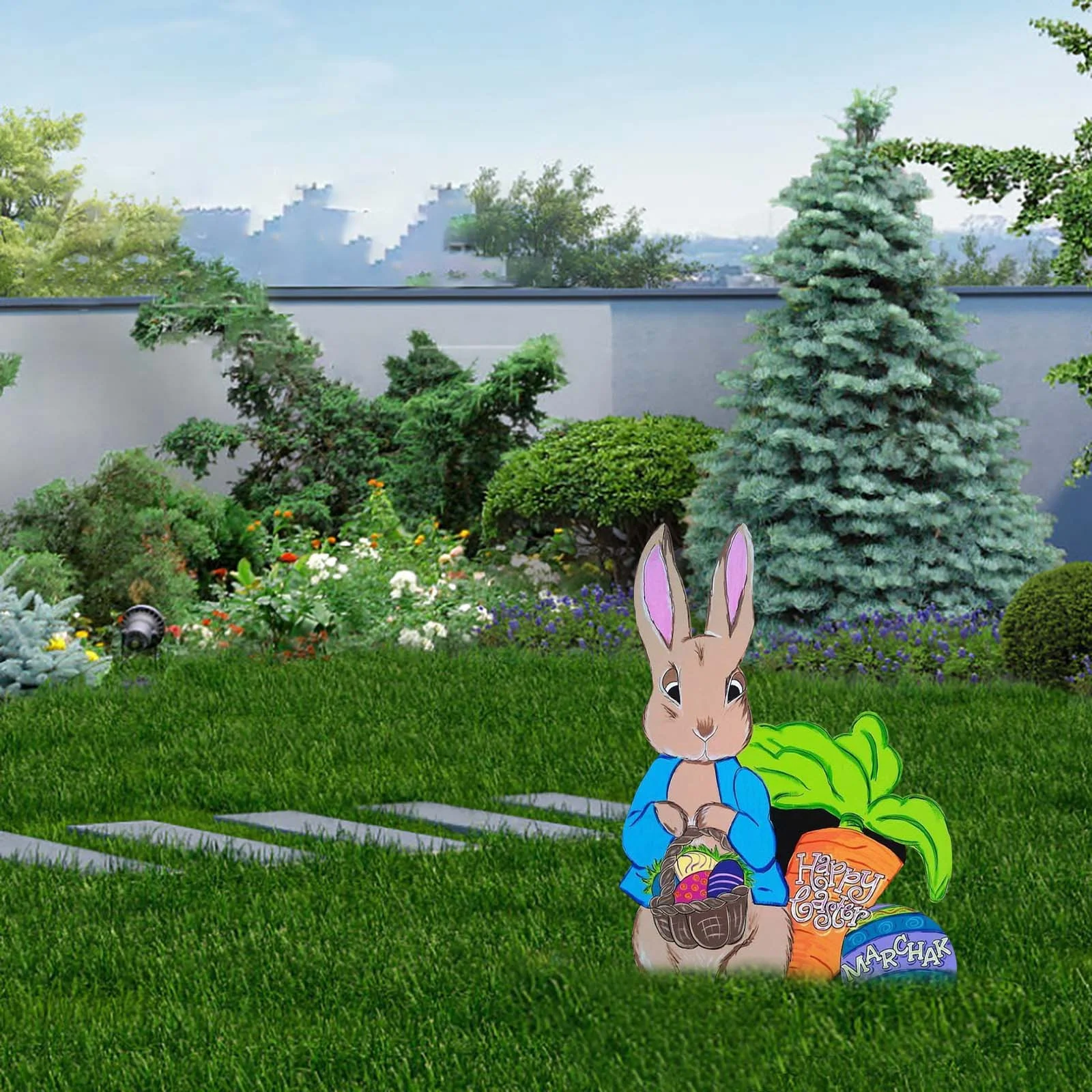 Wooden Easter Garden Stake Yard Sign Bunny Statue Bunny Egg Easter Stake Terrace Flower Bed Outdoor Decorations