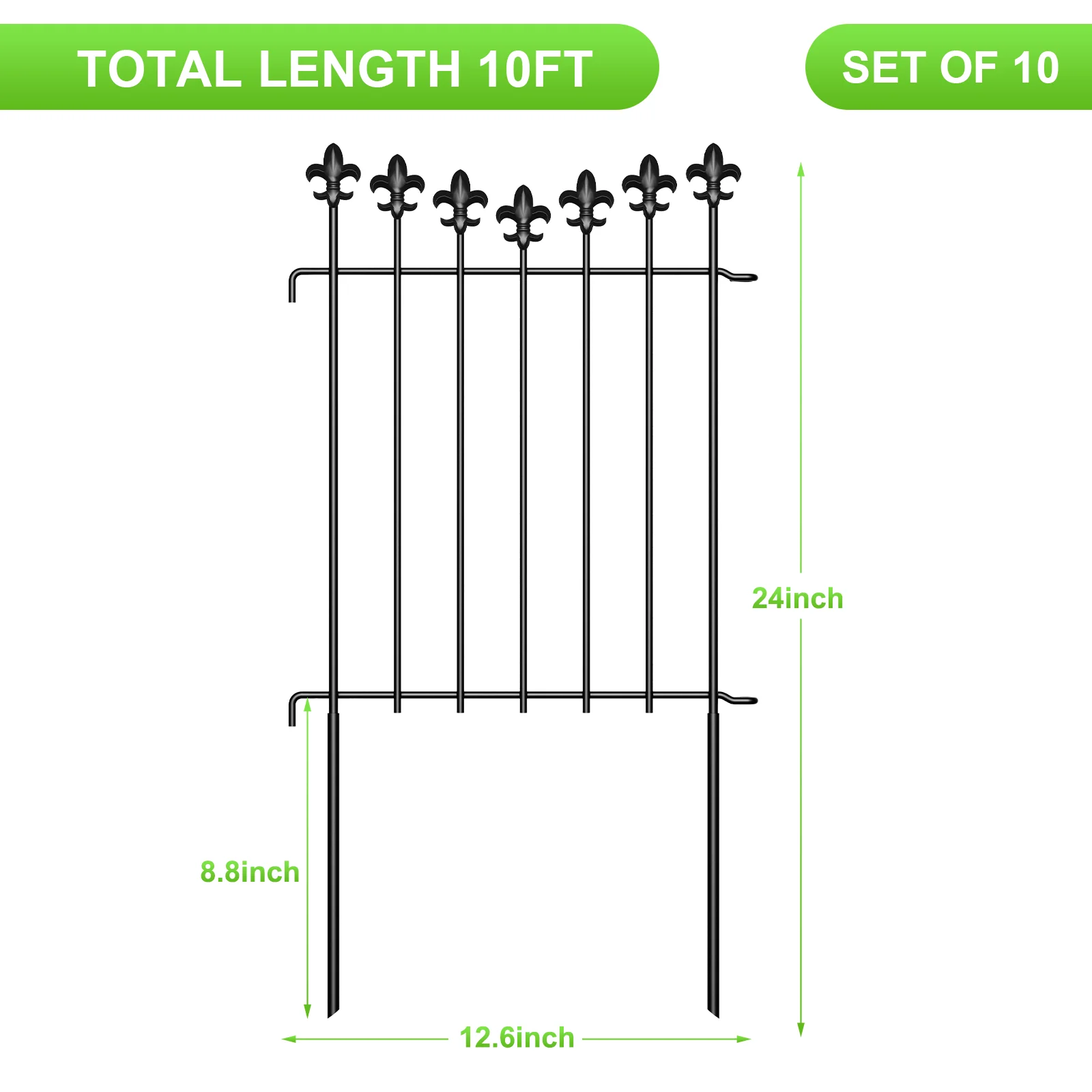 24-Inch X 12.6-Inch, Rust Resistant Black Metal Fence, Animal Barrier Garden Fence (10-Pack)