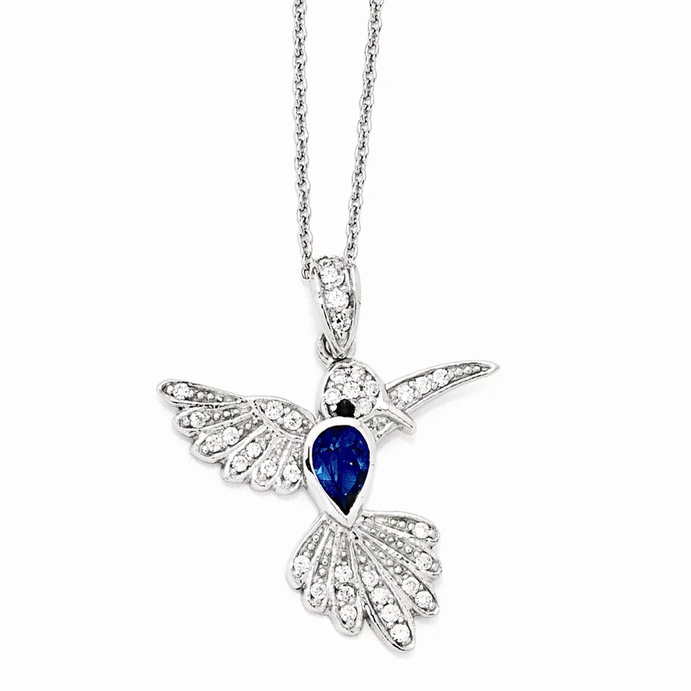 925 Sterling Silver Fancy Lobster Closure Cubic Zirconia and Simulated Sapphire Humming Bird Necklace 18 Inch Jewelry fo