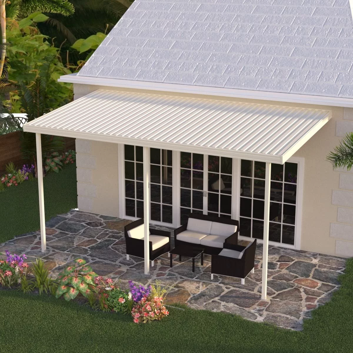 Four Seasons OLS TWV Series 18 ft wide x 14 ft deep Aluminum Patio Cover with 10lb Snowload & 3 Posts in Ivory