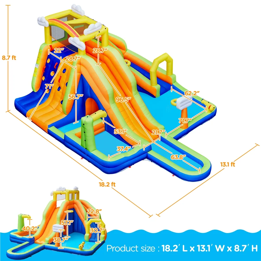 Alden Design Double Lane Inflatable Water Slide for Kids Aged 3 To 10 W/ Storage Bag & 650W Blower, Blue/Orange