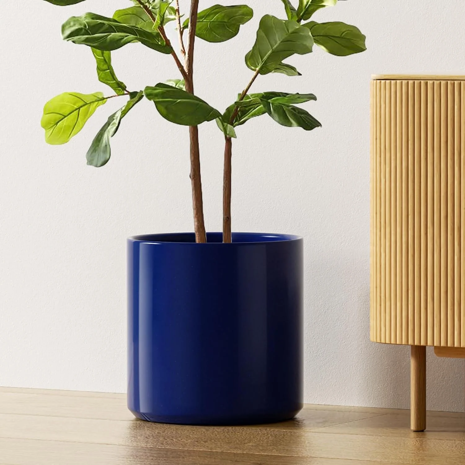 BEMAY 12 Inch Ceramic Large Plant Pot, Mid-Century Modern, with Drainage Hole and Removable Plug, Sapphire Blue