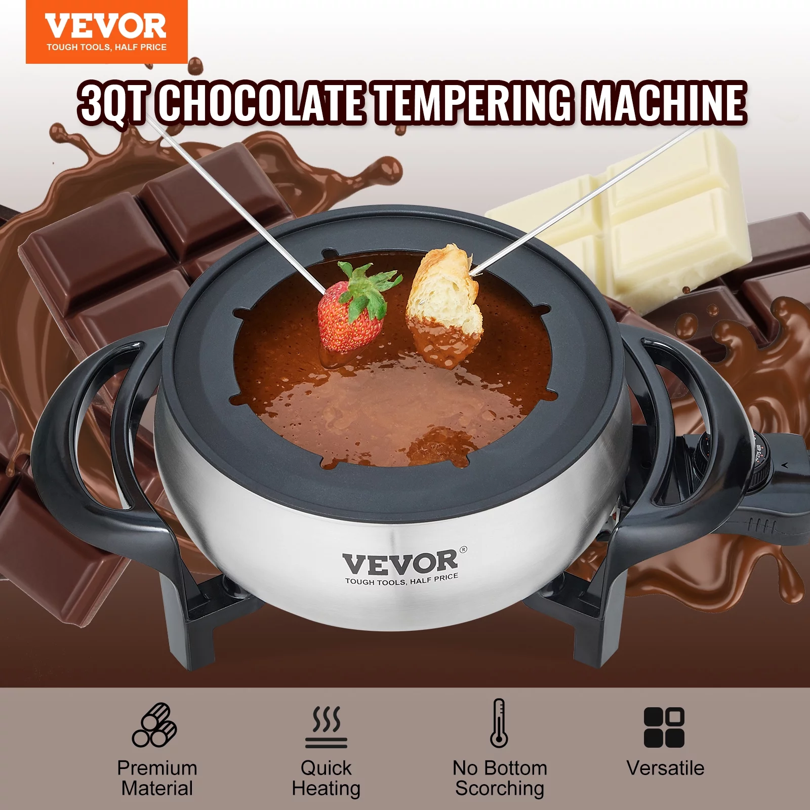 BENTISM 3 qt Electric Fondue Pot Set Chocolate and Cheese Melting Warmer Silver