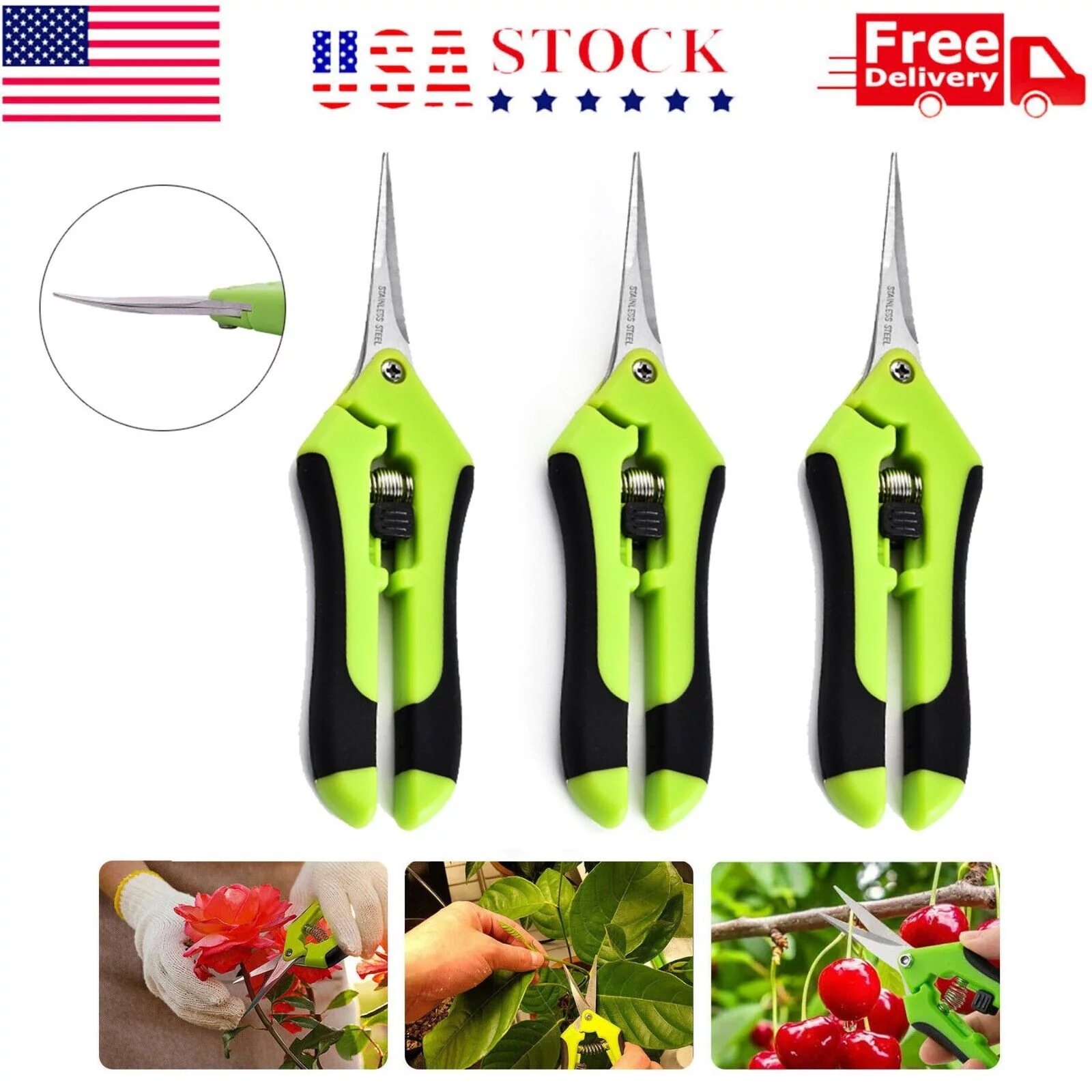 3 Pack Curved Blade Garden Scissors Trimmers Harvest Pruning Plants Trimming