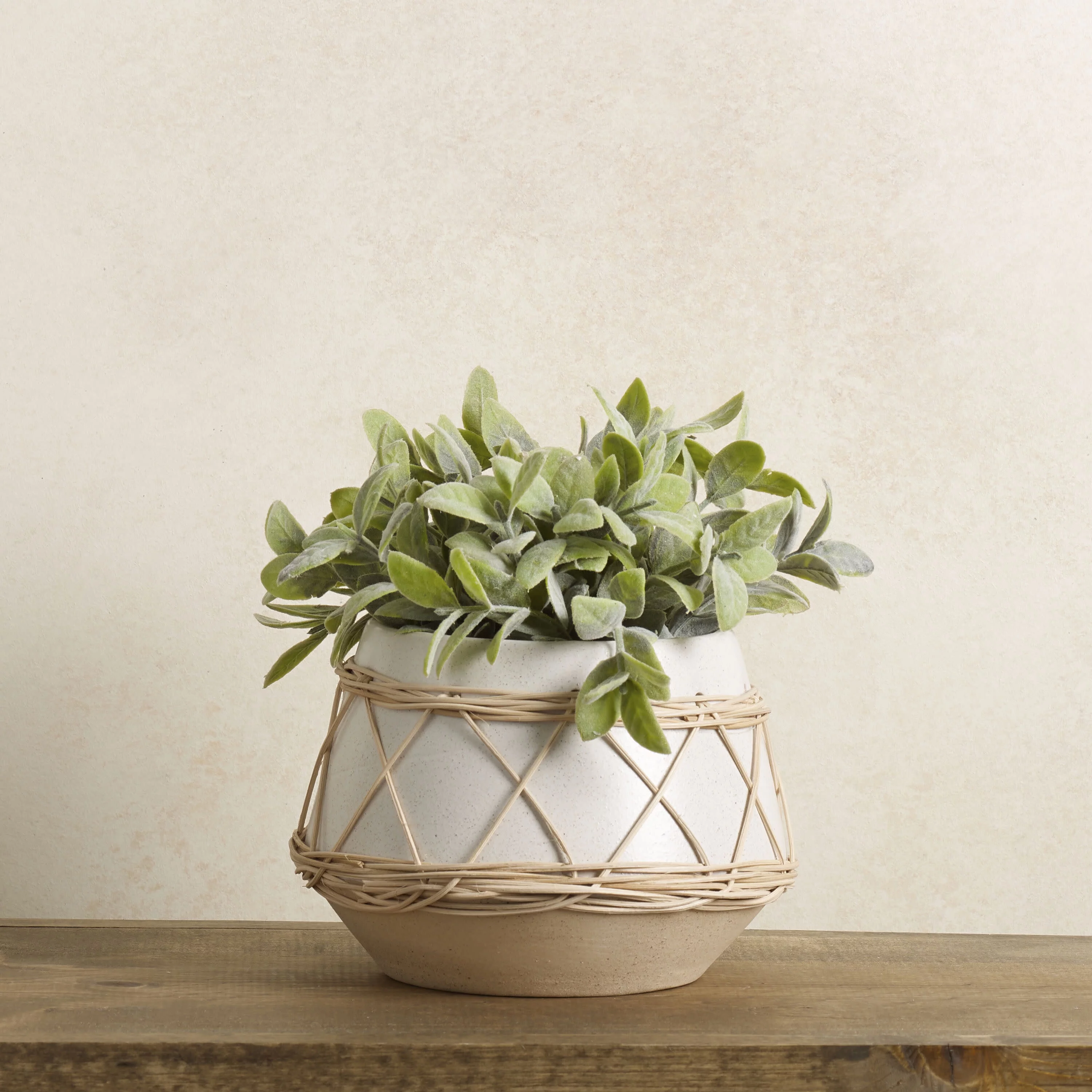 Elements 7X5 Inch Rattan Wrap White Stoneware Pot