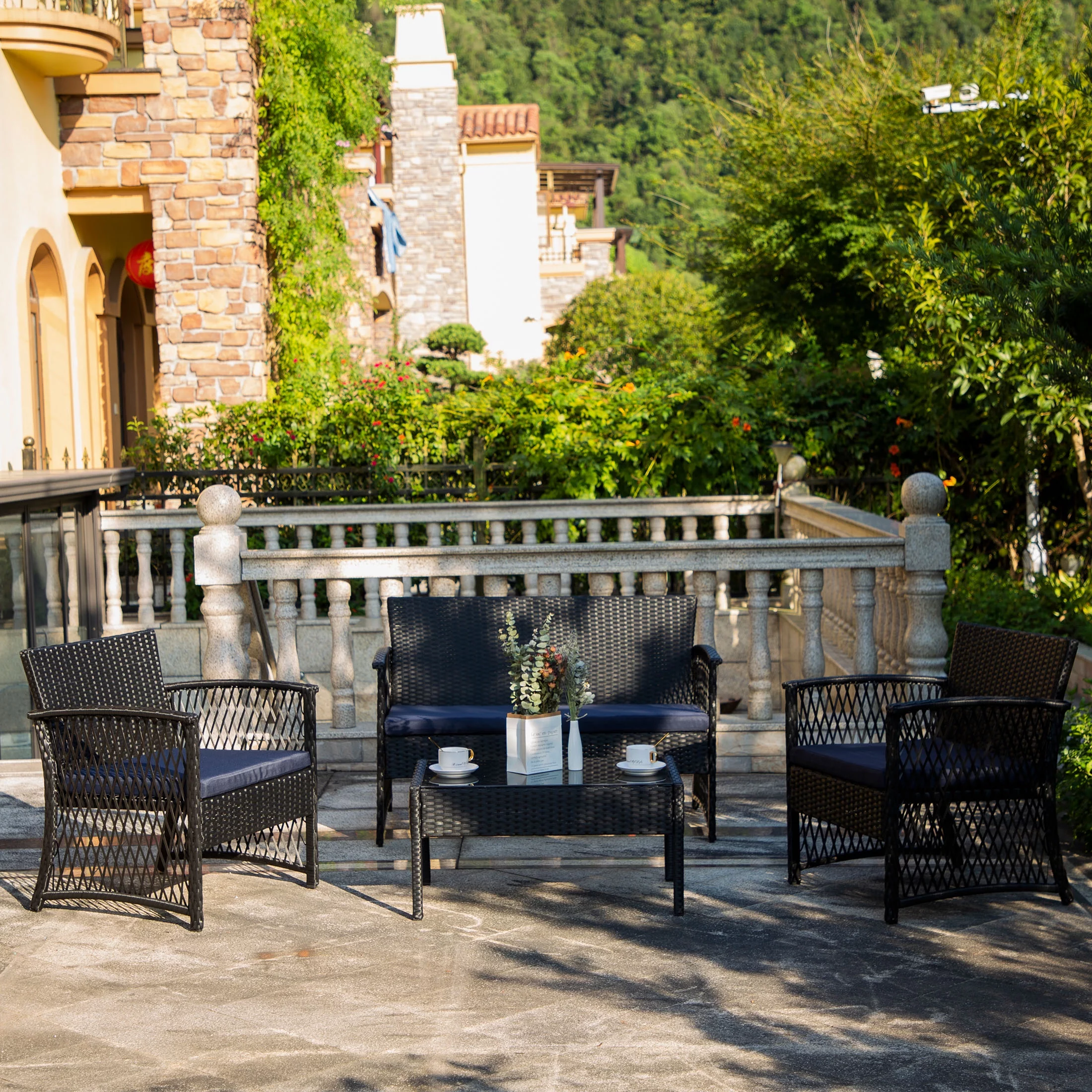 4-Piece Outdoor Patio Conversation Set, Black/Navy