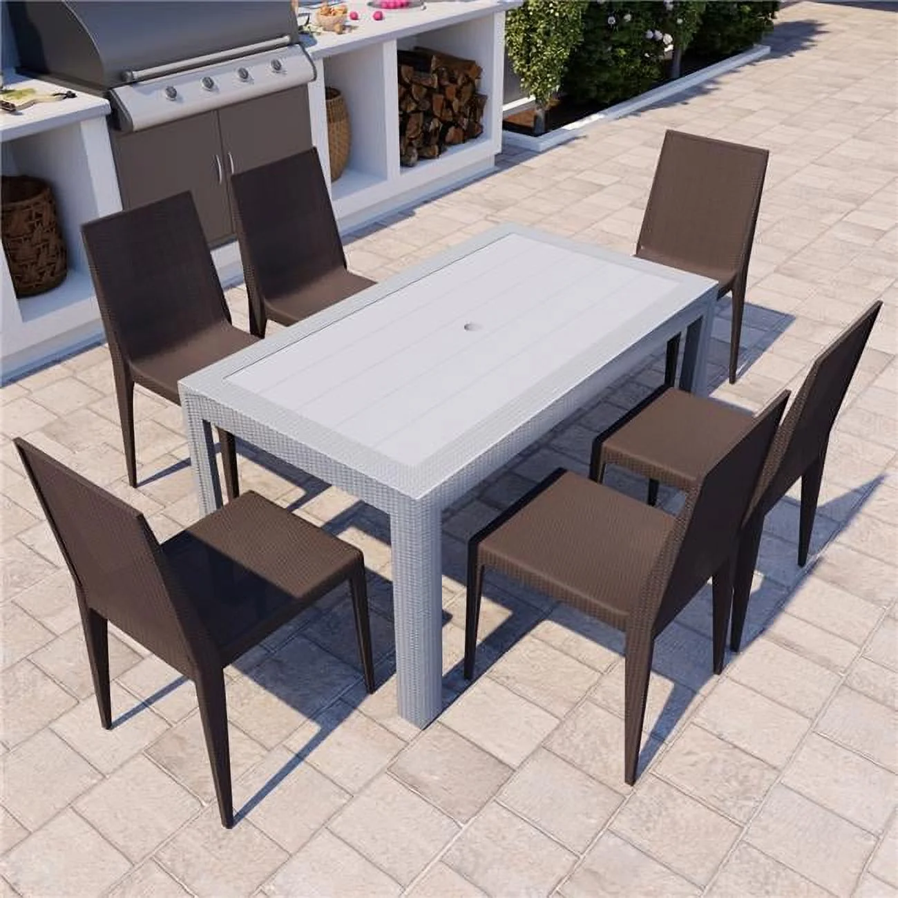 28 x 55 x 31 in. Mace 7 Piece Outdoor Dining Set with Rectangular Table & Stackable Chair, White & Brown